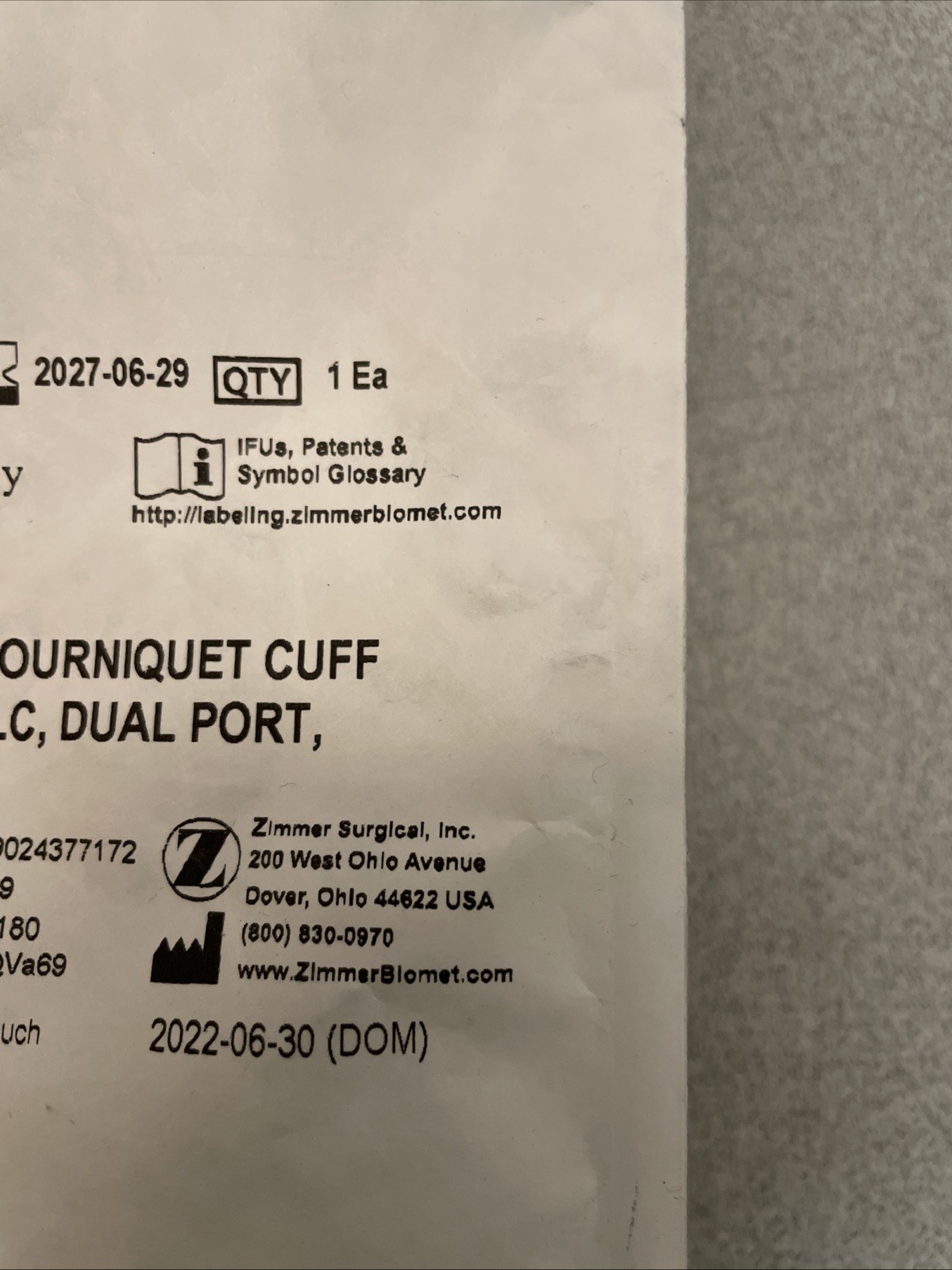 Zimmer Tourniquet Disposable Cuff – Dual Port Single Bladder 18″ Exp 06/2027