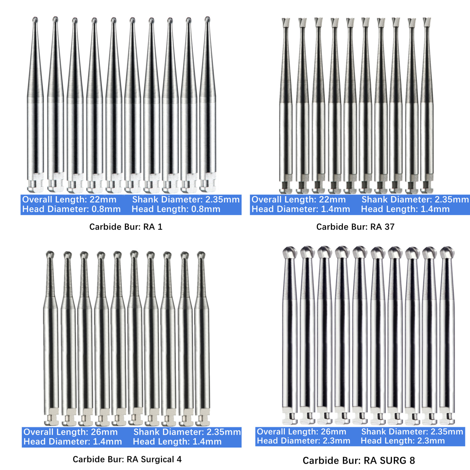 10/Pack Dental Surgical Carbide Burs Latch Type RA SURG Burs Low Speed RA1/4 RA1
