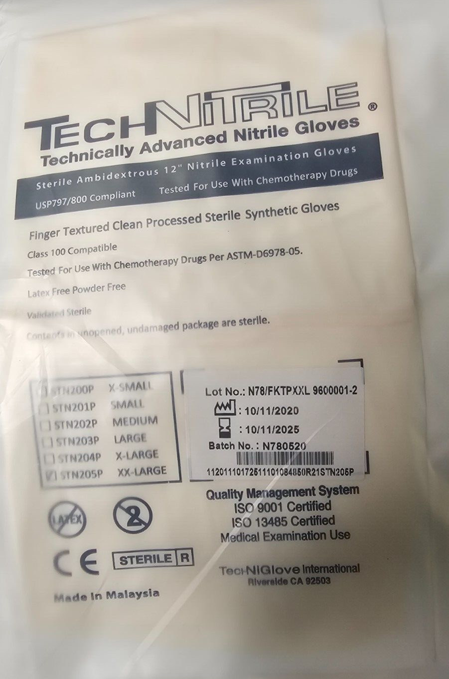 (50) PAIRS TechNiGlove STERILE AMBIDEXTROUS NITRILE CLEANROOM GLOVES – XX-LARGE