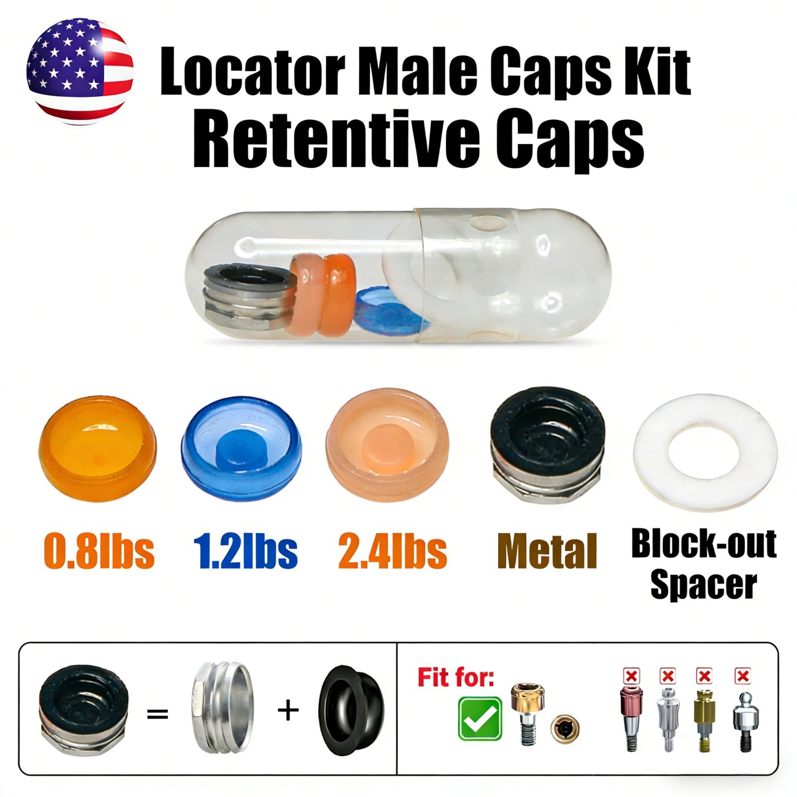 Dental Overdenture Implant Locator Abutment Retention Caps Male Cap Inserts Set