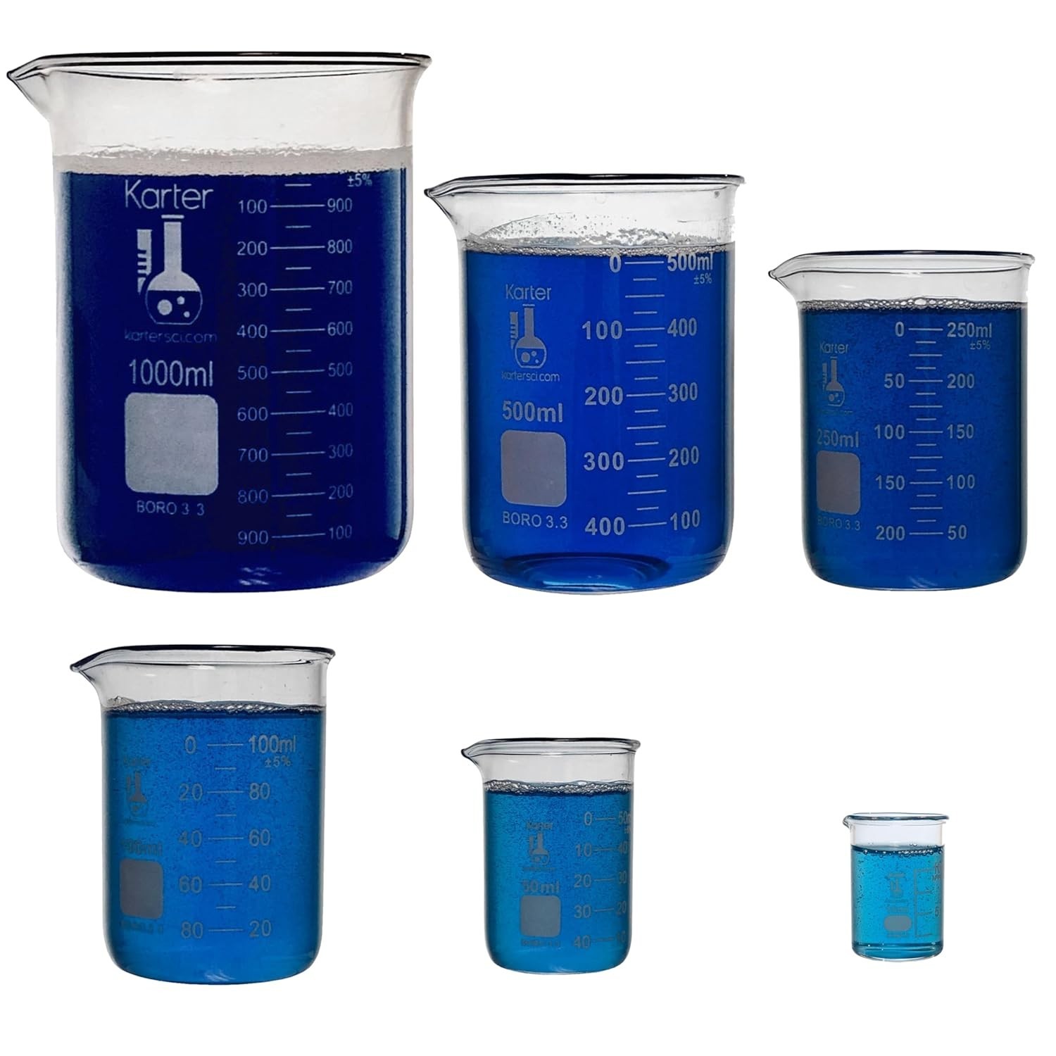 Glass Beaker Set 3.3 Boro, Griffin Low Form 6 pk – 10, 50, 100, 250, 500, 1000ml