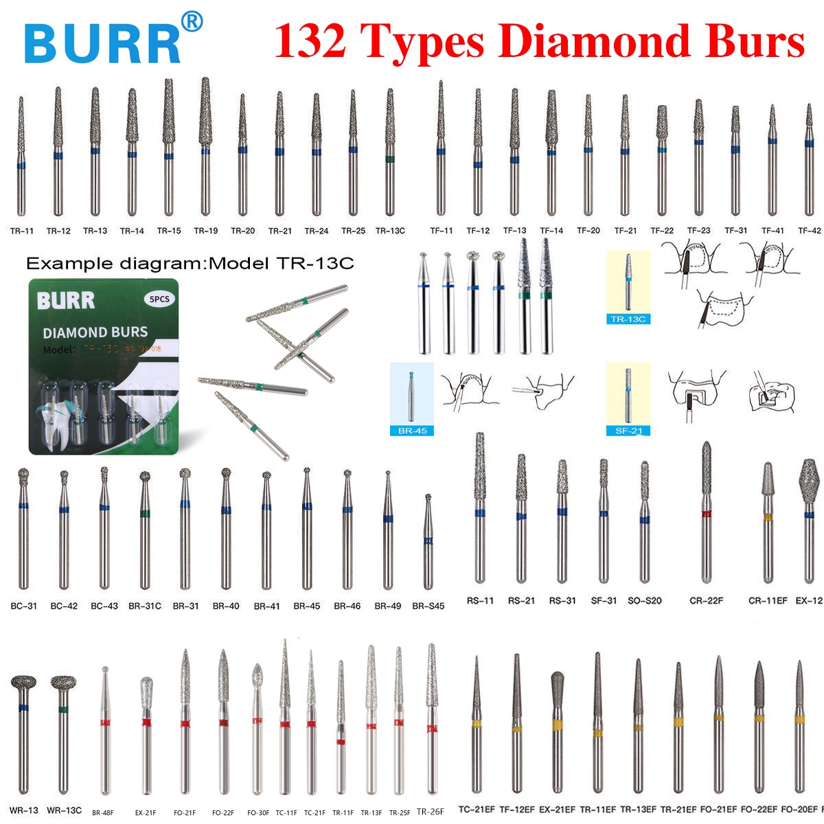 100 Types Dental FG Diamond Burs For High Speed Handpiece Friction Grip