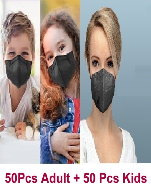 50 Adult + 50 Kids KN95 Black Face Mask 5 Layer Safety Respirator Cover