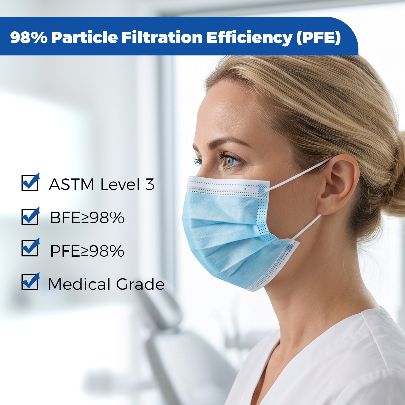 JMU Disposable Medical Face Masks, 4-Ply ASTM Level 3 Ear-Loop Face Masks 50pcs