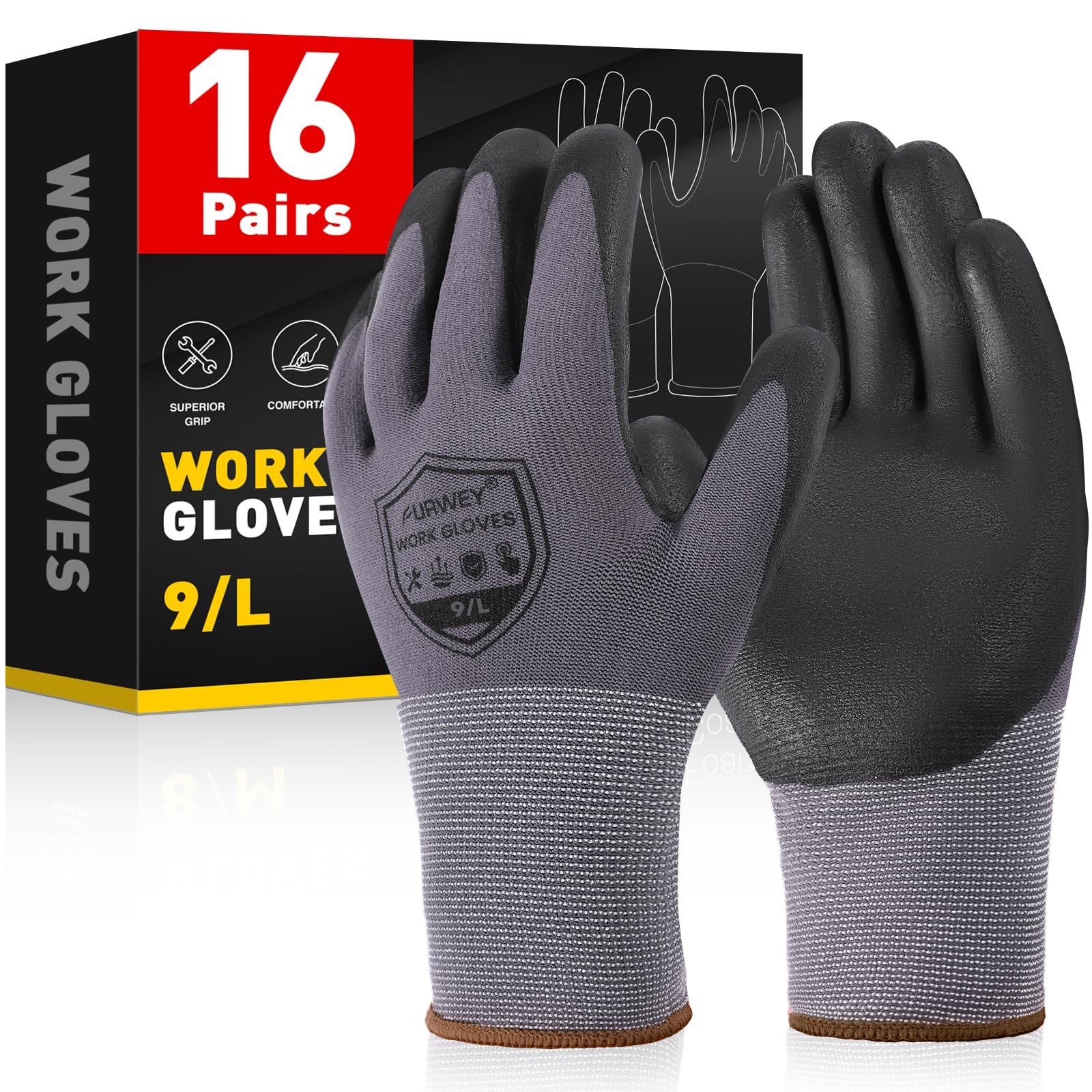 Furwey Safety Work Gloves16 Pairs Micro-Foam Nitrile Coated Glove For Men And