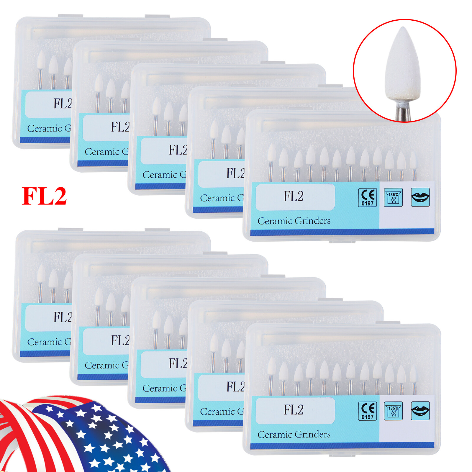 SANDENT Dental White Stone Polishing Burs FG Aluminum Oxide Flame Shape