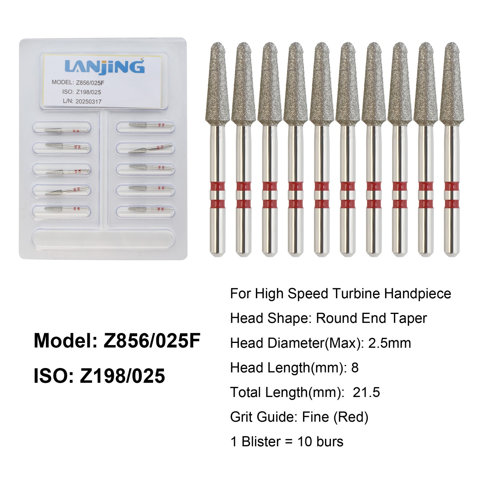 Dental Zirconia Diamond Burs FG Round End Taper Fine Red High Speed Z856/025F