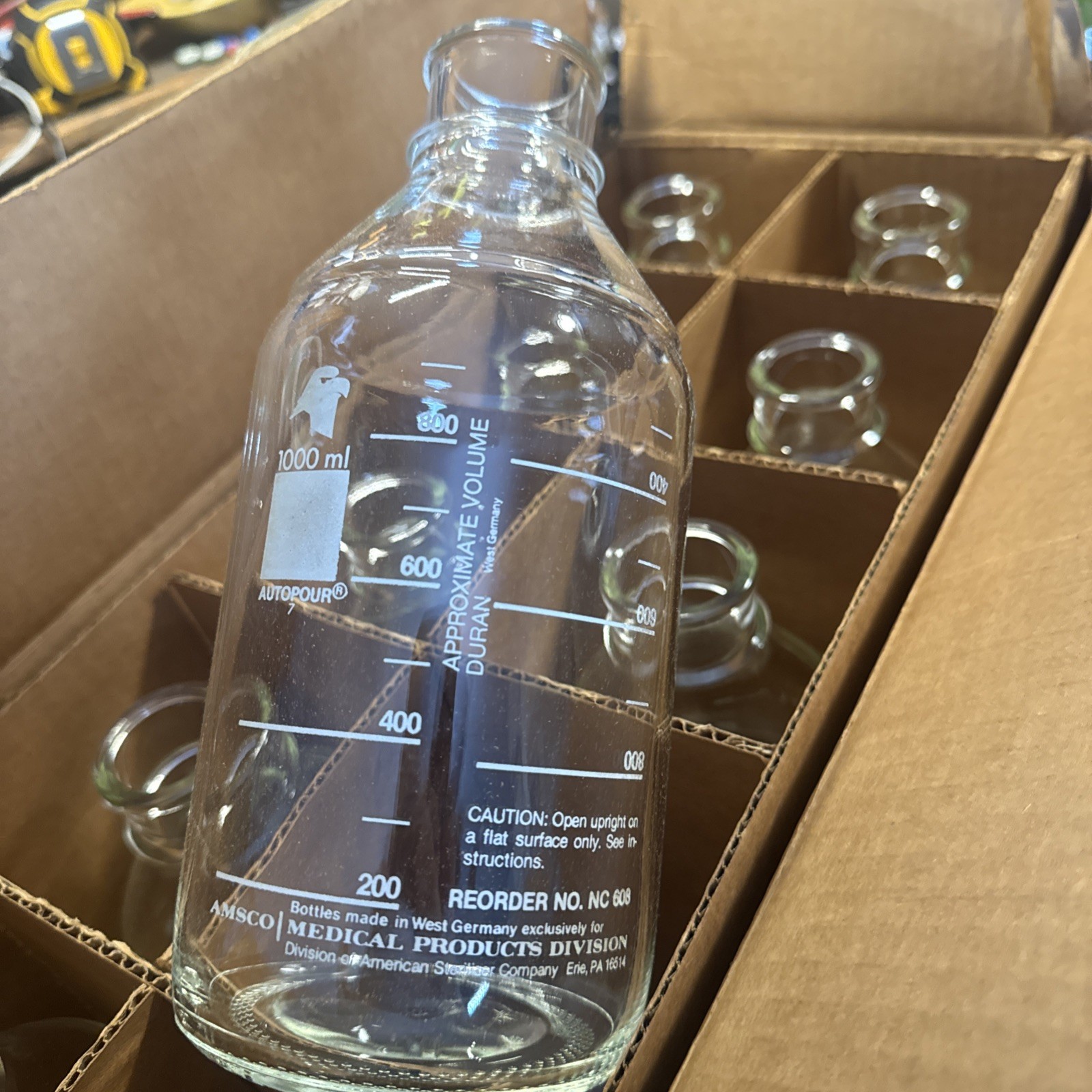 Glass Sterile Bottles Lot 10 AMSCO Autopour NC608 1000ml NEW Germany Vintage