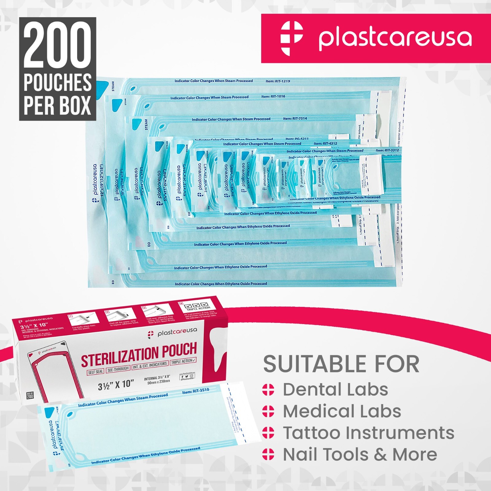 3.5″ x 10″ Self-Sealing Sterilization Pouches for Autoclave (1 Box of 200)