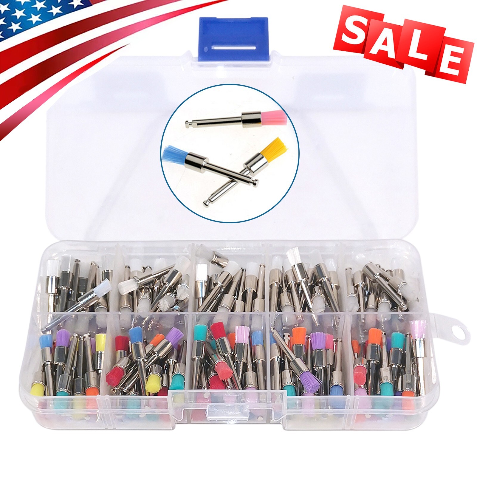 200 Pcs Dental White & Colorful Nylon Latch Flat Polishing Polisher Prophy Brush