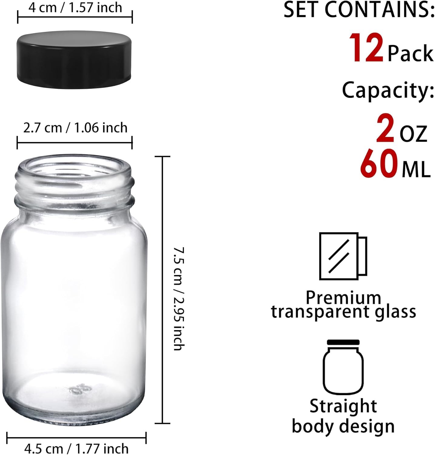 2 OZ Glass Bottles with Caps, 12 Pack 60 ML Empty Juicing 2oz-60ml, Clear