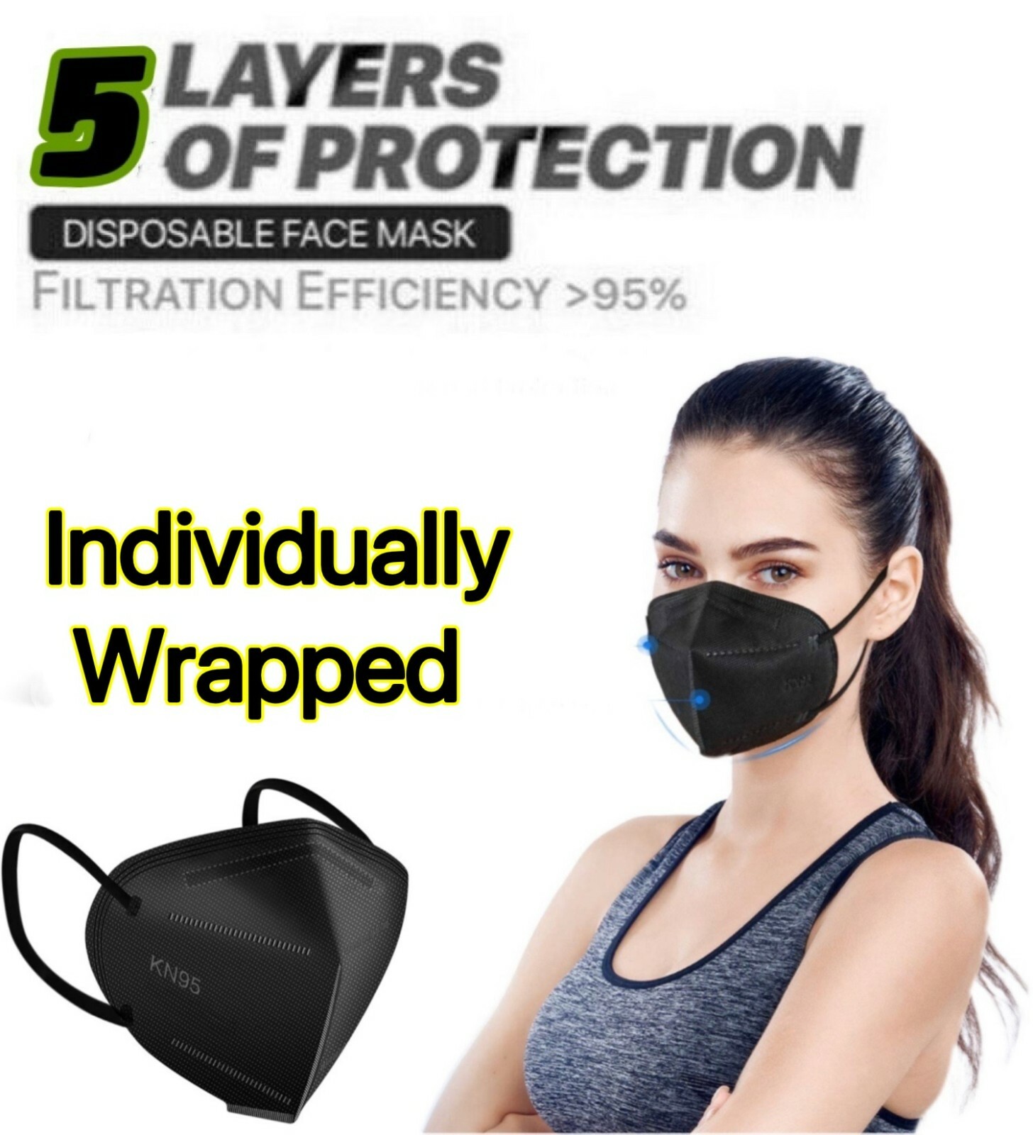 LOT Black KN95 Protective 5 Layer Face Mask BFE 95% Disposable Adult Masks