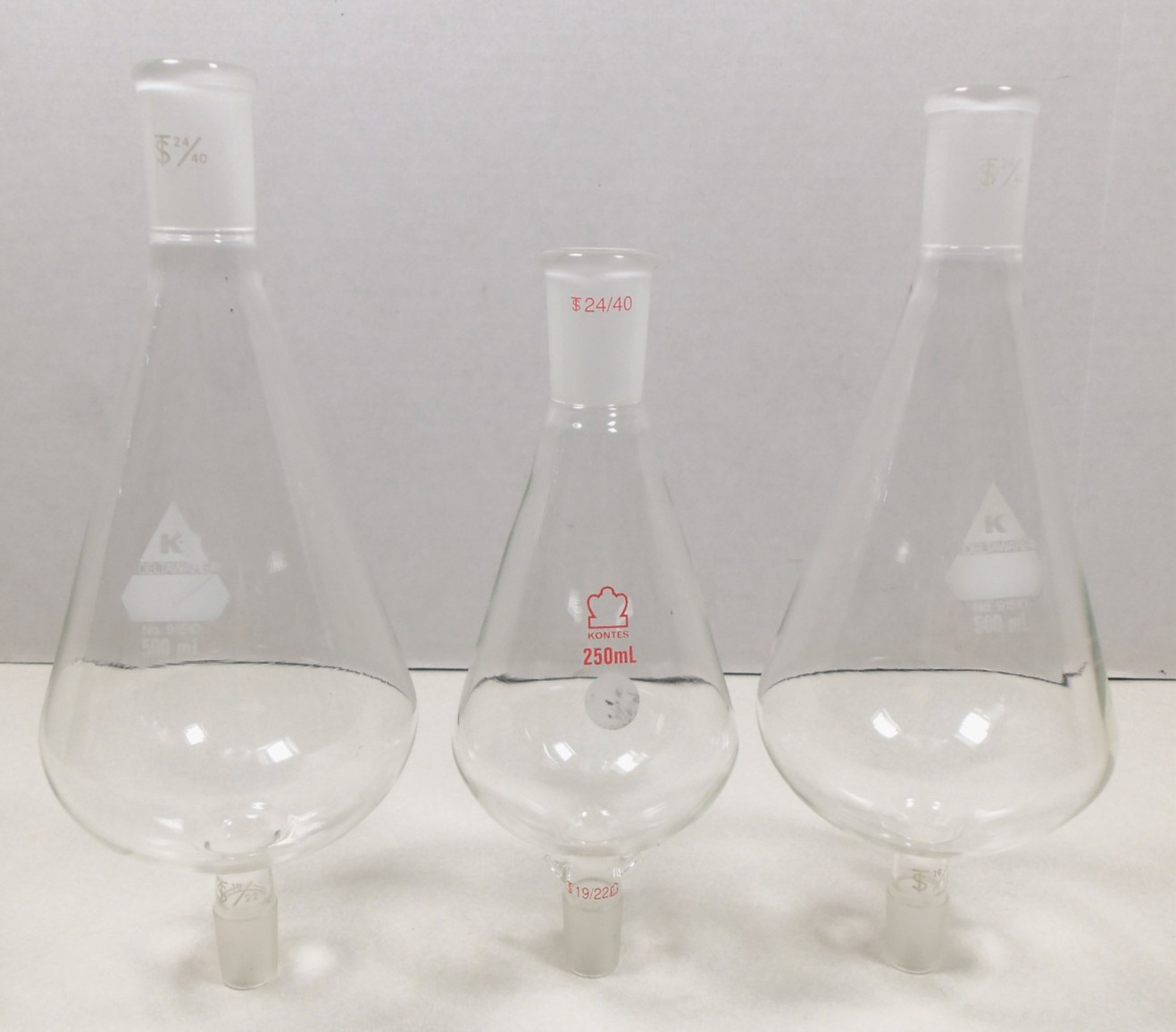 Lot of 3 Kuderna Danish Evaporator Concentrator Flasks 250ml & 500mL Lab Glass
