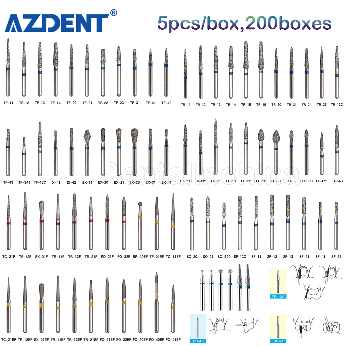 1000pcs/200Box AZDENT Dental Diamond Burs For High Speed Handpiece Friction Grip