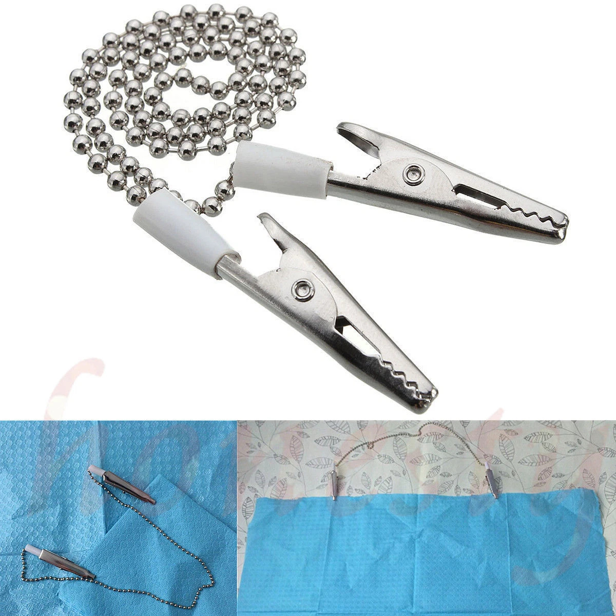 10 X Dental Napkin Holder Patient Bib Crocodile Clips Chains Flexible Metal Ball