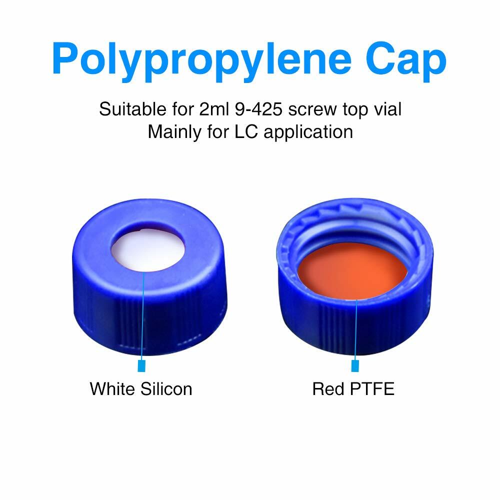 100PCS 9-425 Screw Thread Vial Caps 9mm PTFE/Silicone Septa for Autosampler HPLC