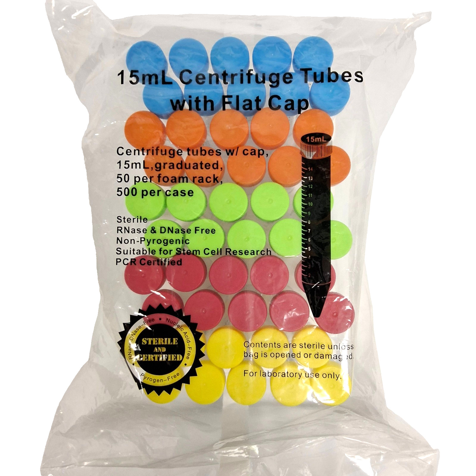 15mL Centrifuge Tubes with Flat Caps Conical Bottom Graduated 50ct Foam Rack