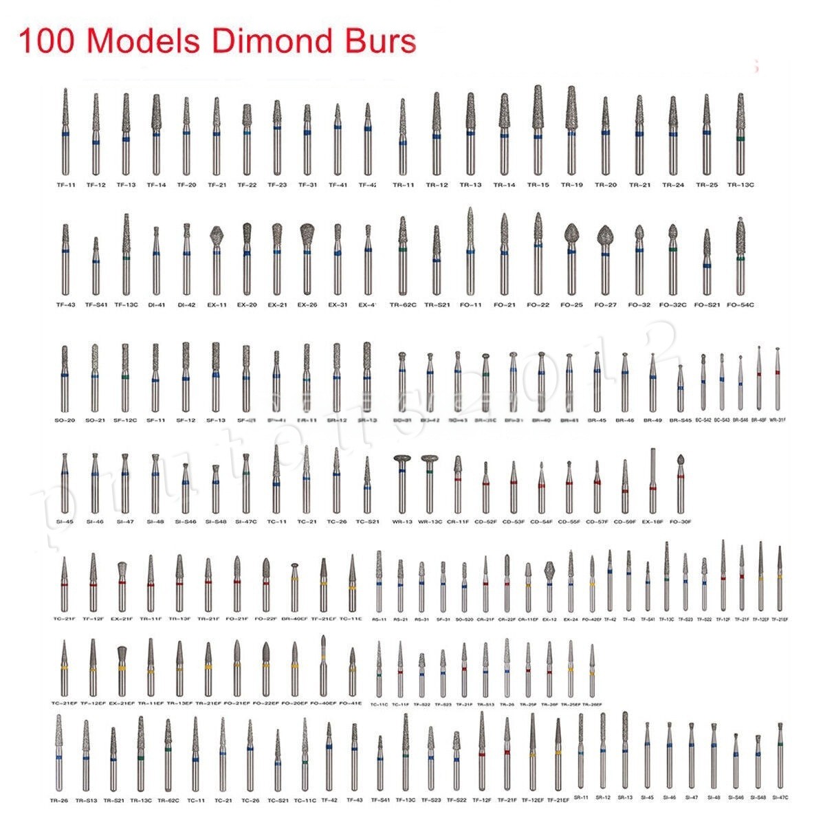 100 Types Dental FG Diamond Burs For High Speed Handpiece Friction Grip 50pcs