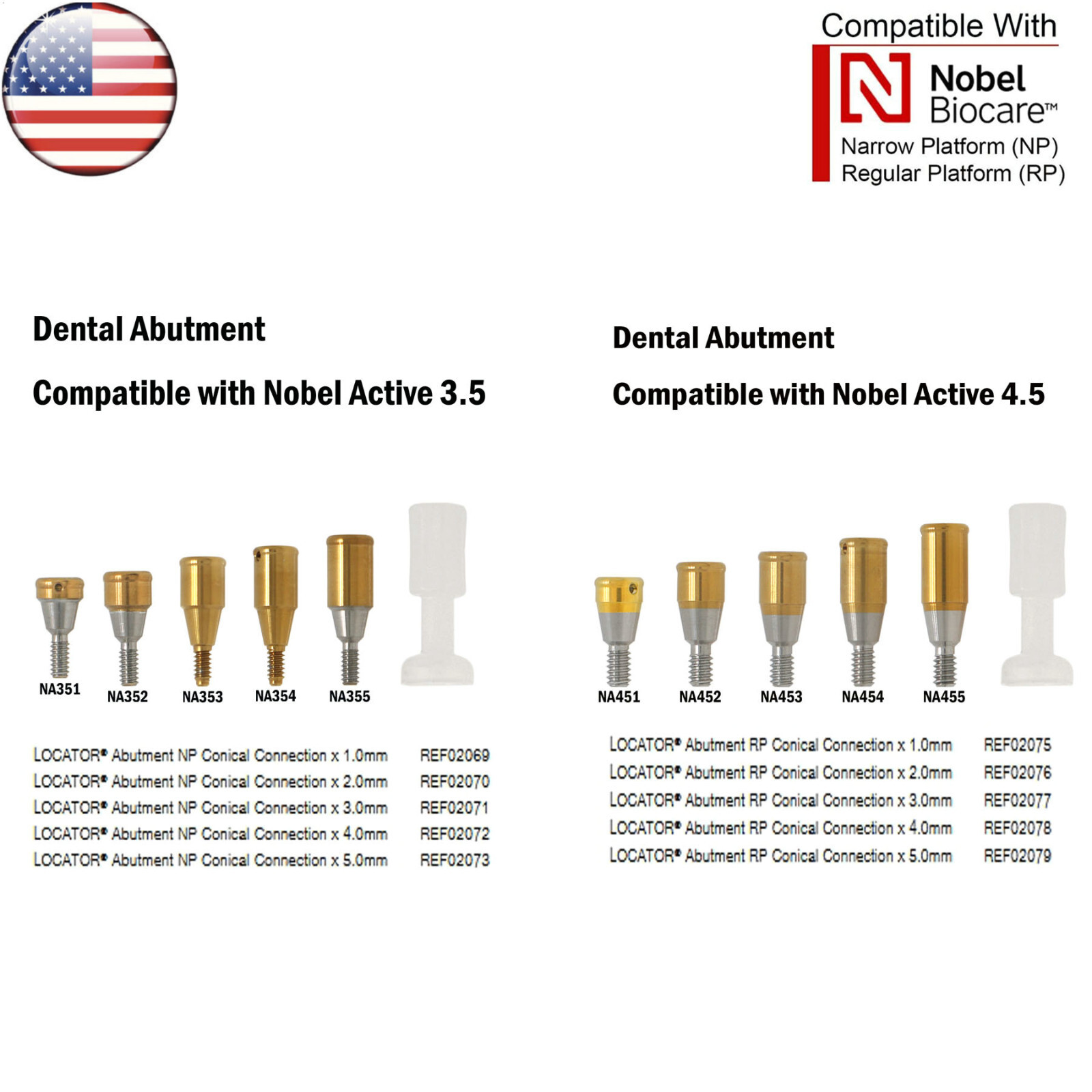 US Dental Attachment Locator Abutment for Nobel Biocare NP/RP 1-5mm Caps Kit