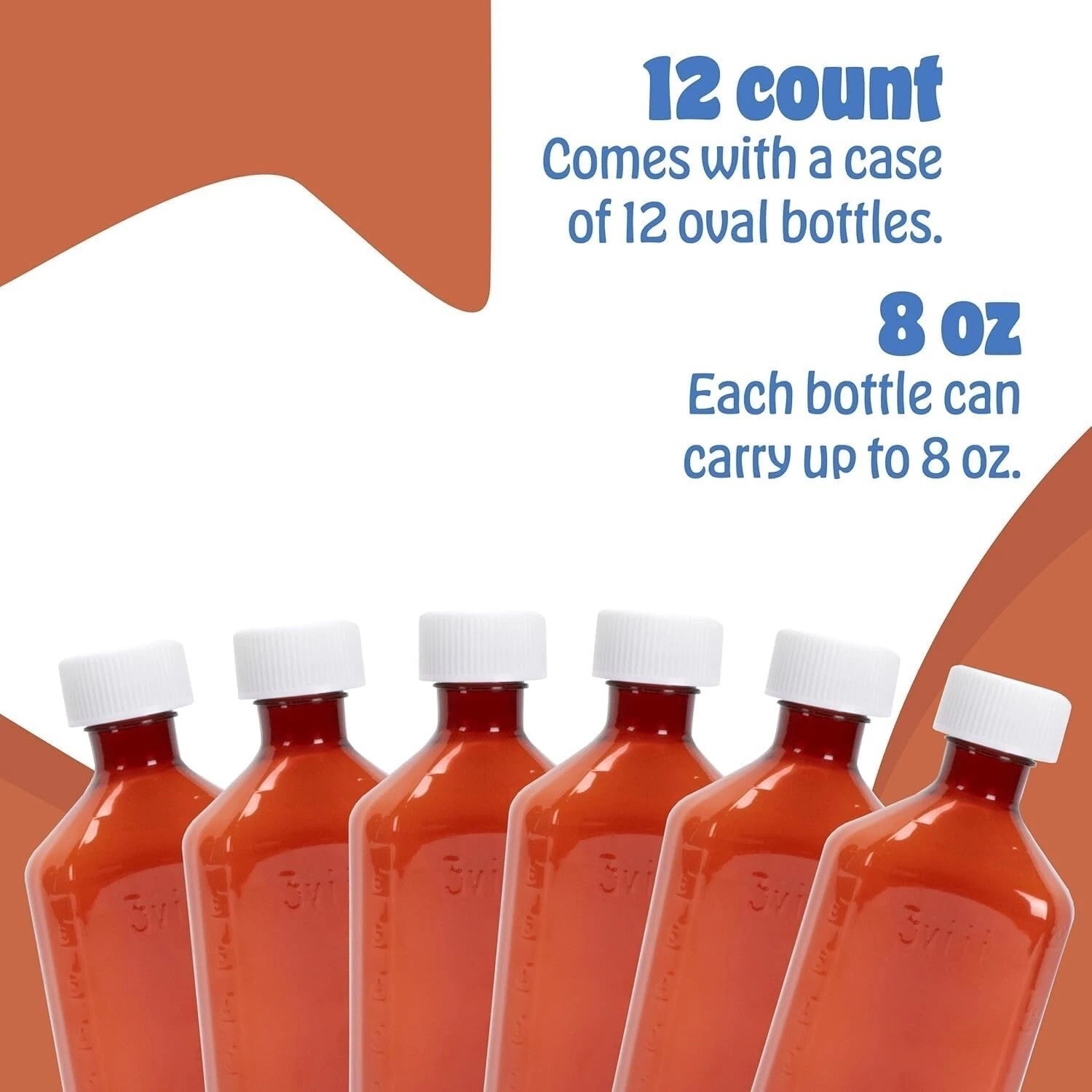 Amber Graduated Oval Liquid Medicine Bottles Plastic CR Caps Multiple Sizes