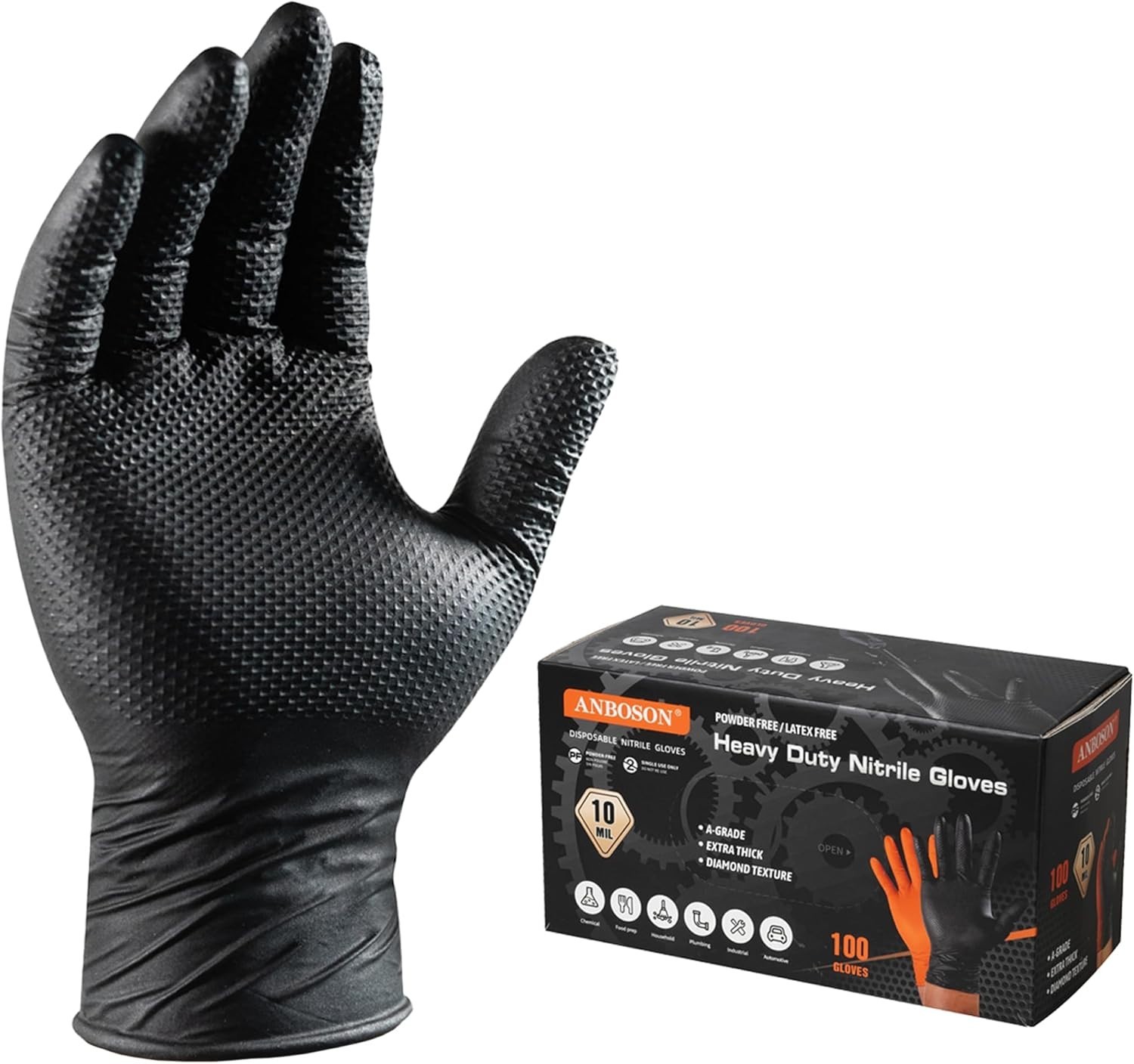 Diamond Textured Grip Nitrile Gloves – 10 Mil Thickness, Heavy Duty, Medium Size