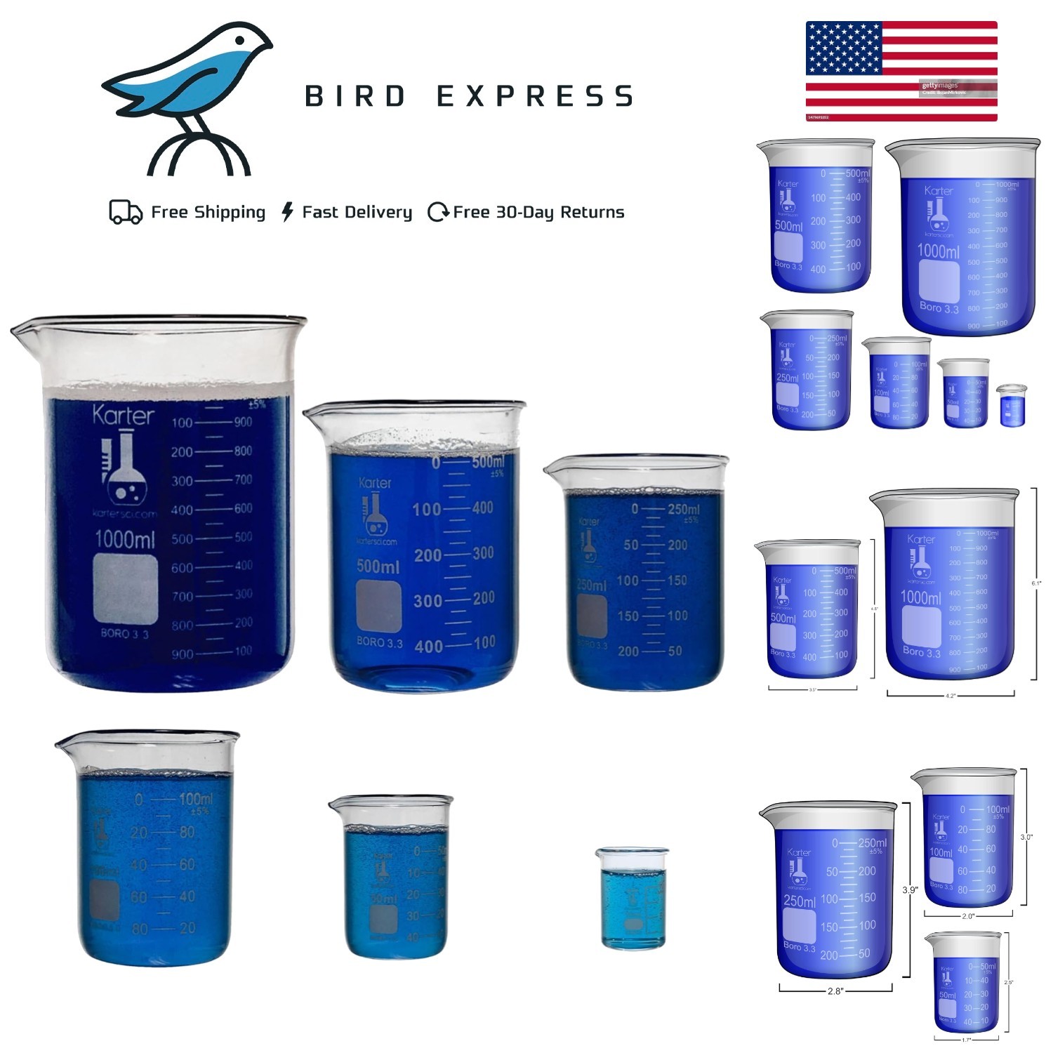 Glass Beaker Set 3.3 Boro, Griffin Low Form 6 pk – 10, 50, 100, 250, 500, 1000ml
