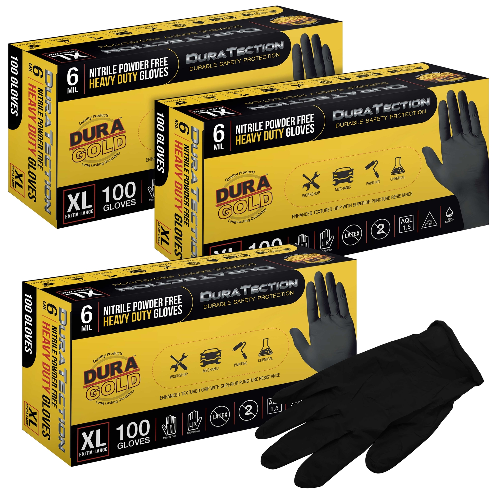 Dura-Gold HD Black Nitrile Disposable Gloves, 3 Boxes of 100, X-Large, 6 Mil