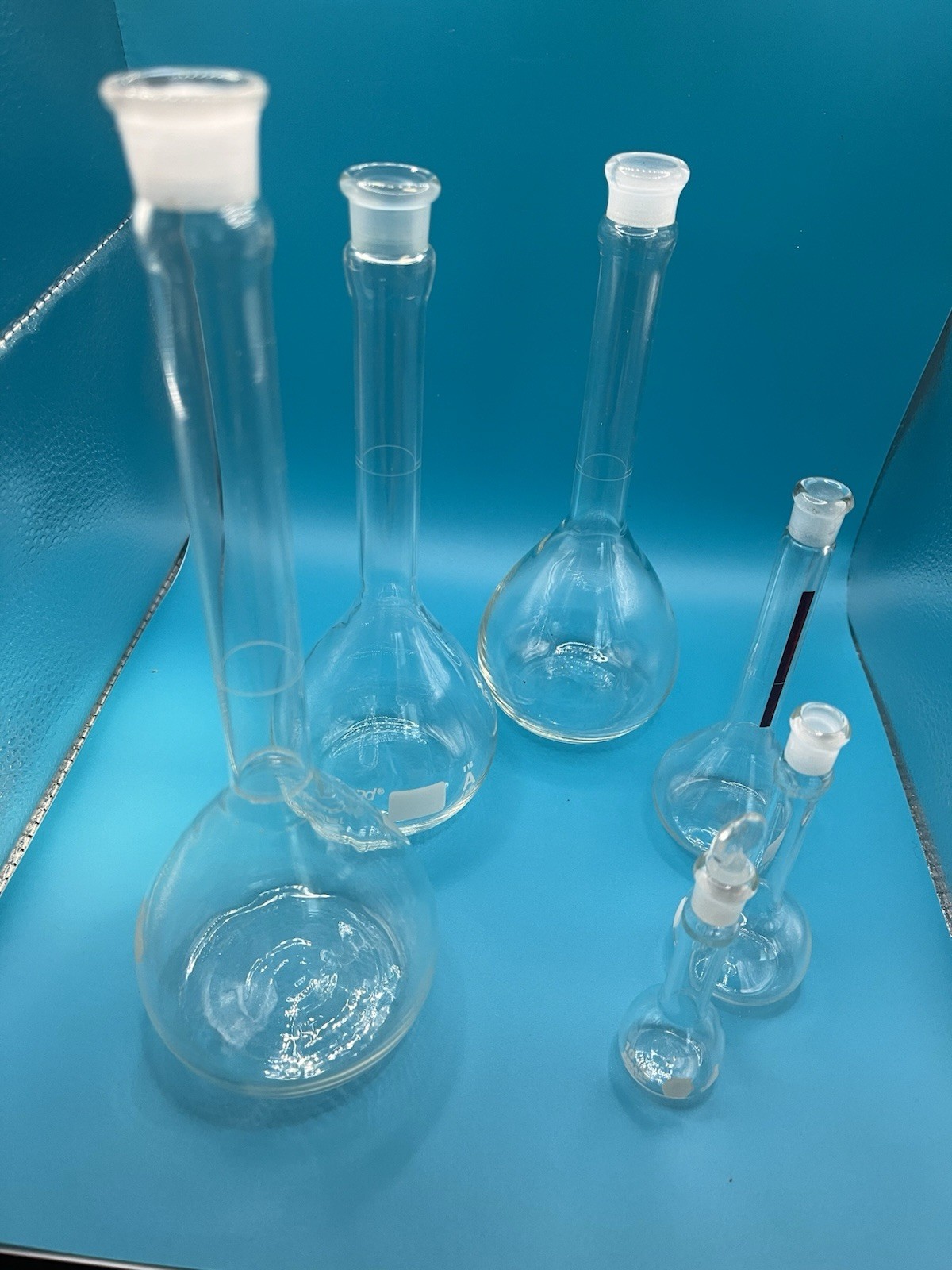 Lot 6 Volumetric Flasks sizes:10, 25, 50, 200, 250 mL Kimax Pyrex Fisherbrand
