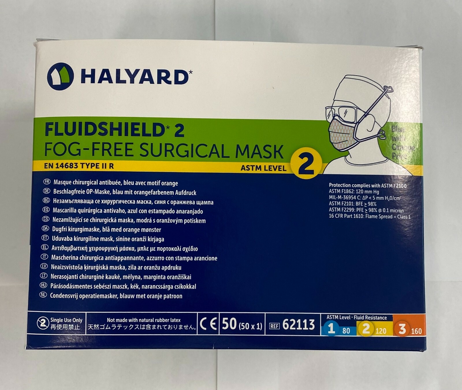 *50-Pieces* Halyard FluidShield ASTM Level 2 Fog-Free Surgical Mask 62113
