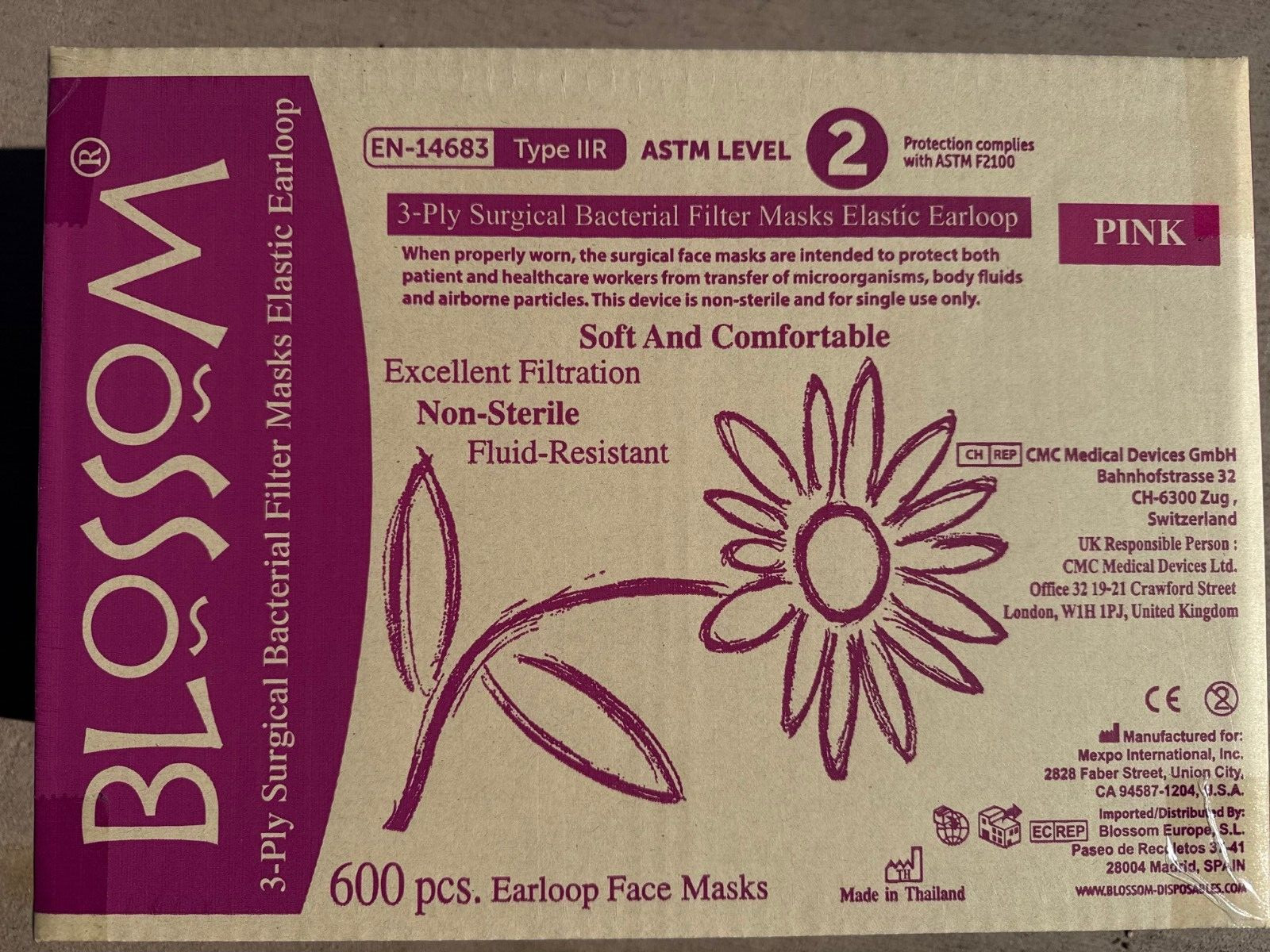 Blossom Pink Ear-Loop Face Mask Latex-Free Level 2 50/Bx or 600/case