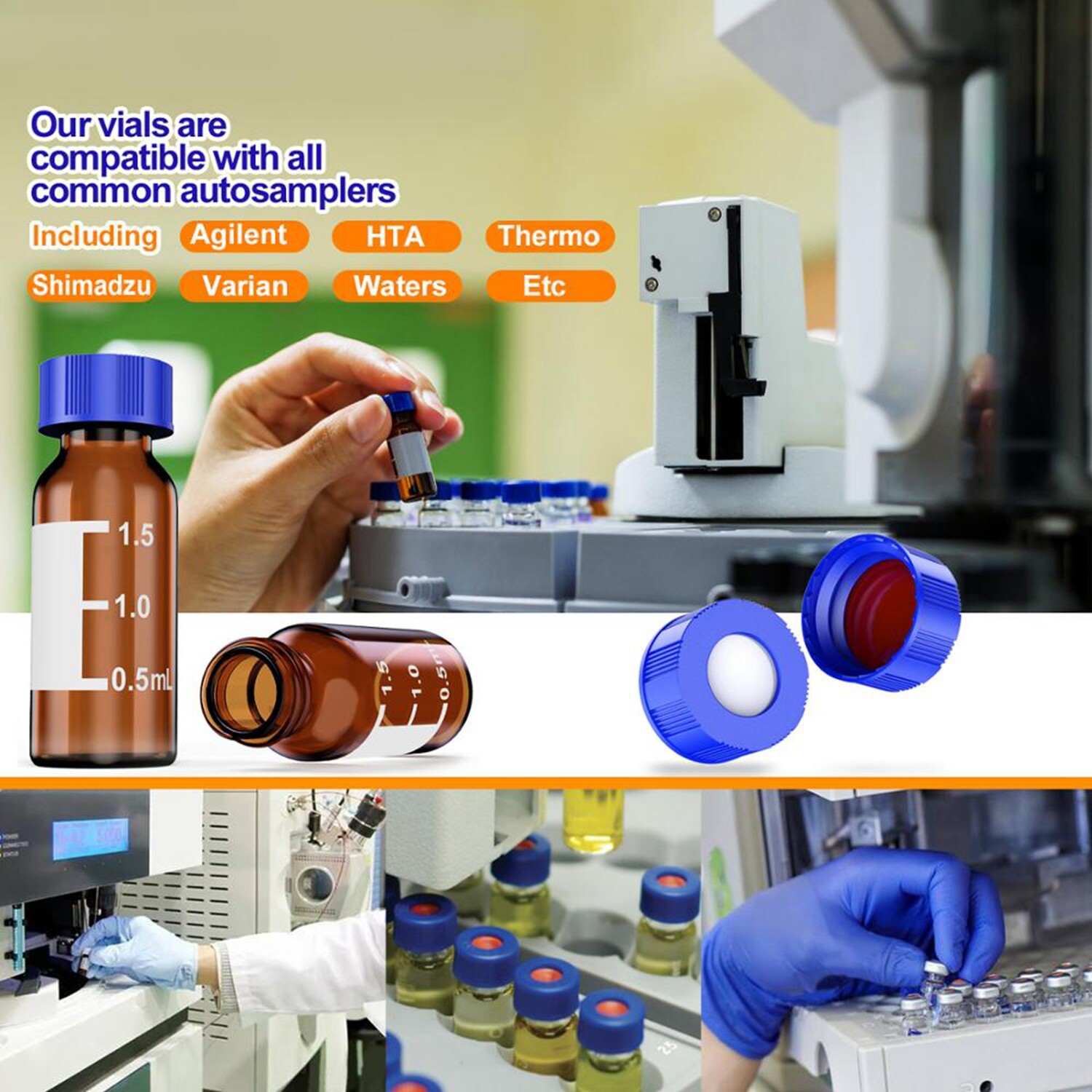 HPLC 2mL Autosampler Amber/Clear Glass Vials, 9mm Screw Caps PTFE/Silicone