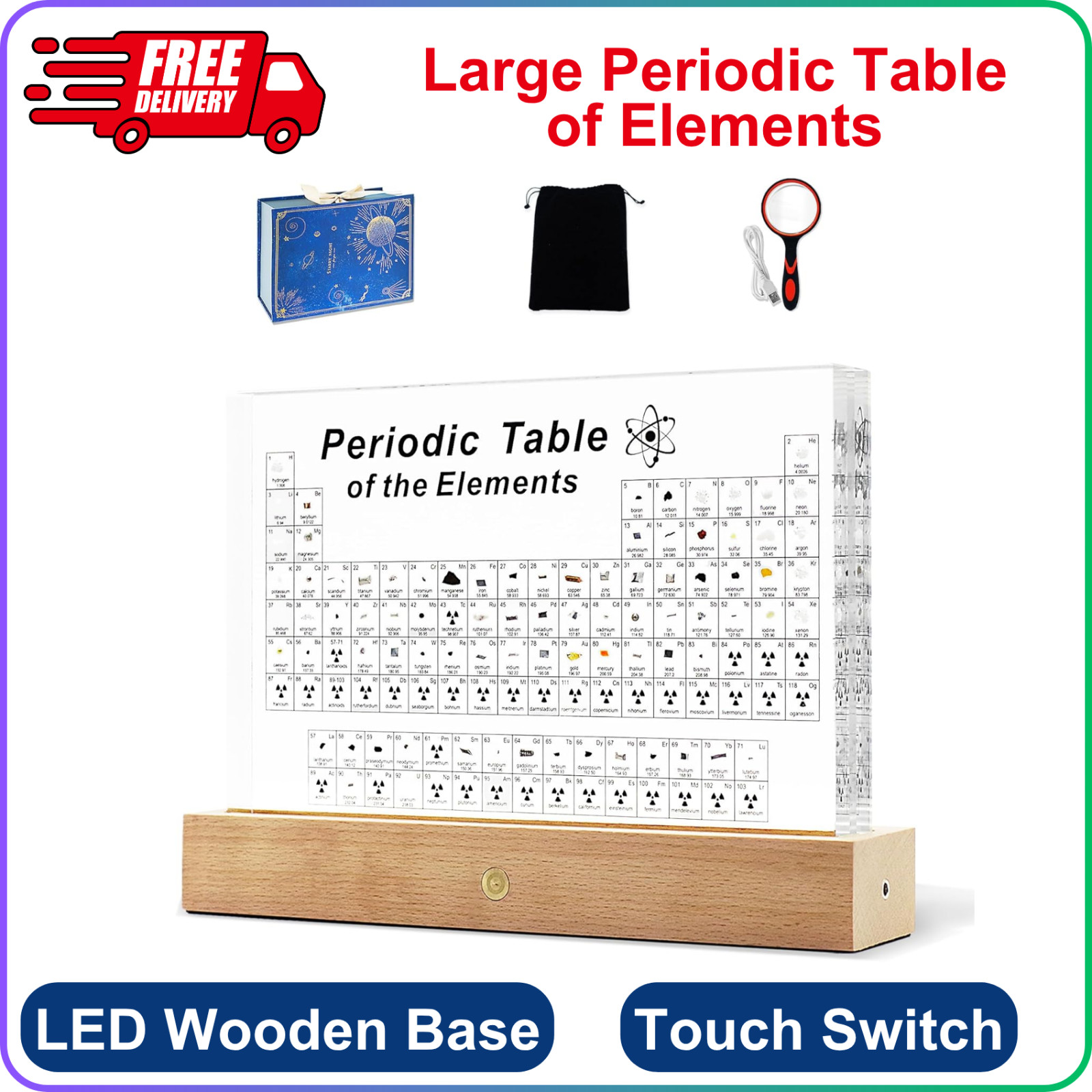 Large Periodic Table of Elements With Real Elements Samples, 8.3 Inch Acrylic
