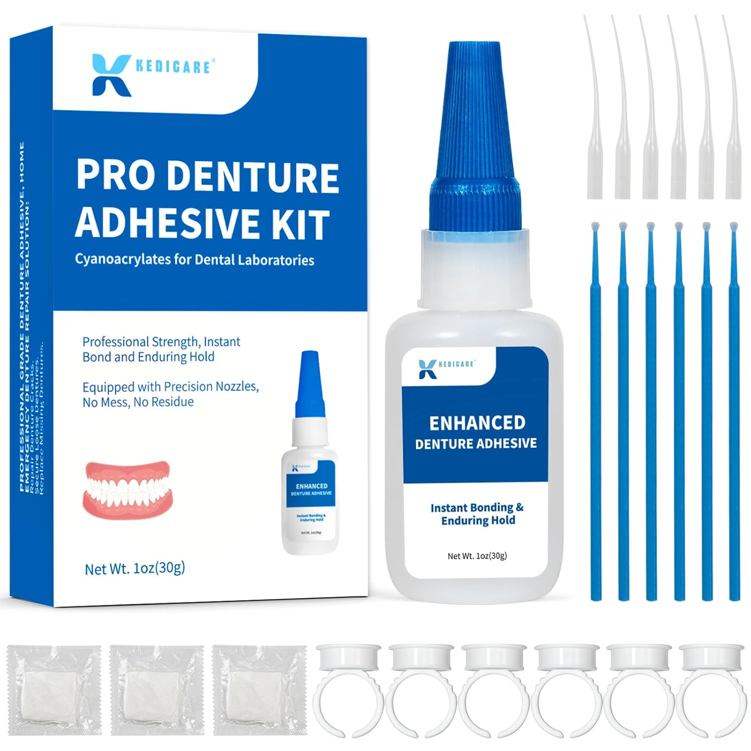 Dental Lab Denture Repair Adhesive Kit, 1oz Pro Instant Bonding Denture Glue for