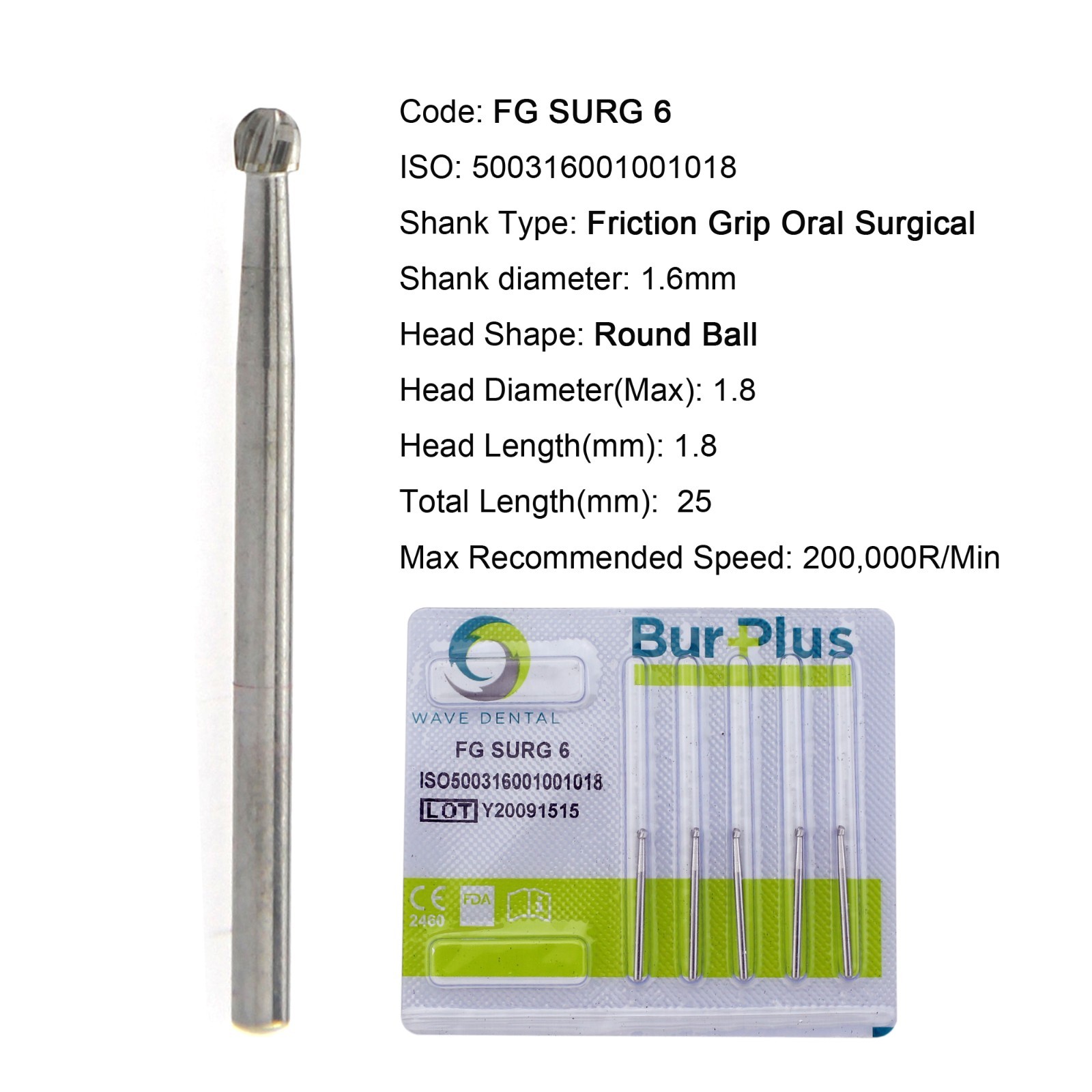 WAVE Dental Surgical Carbide Burs Round FG SURG 6 25mm Length for High Speed