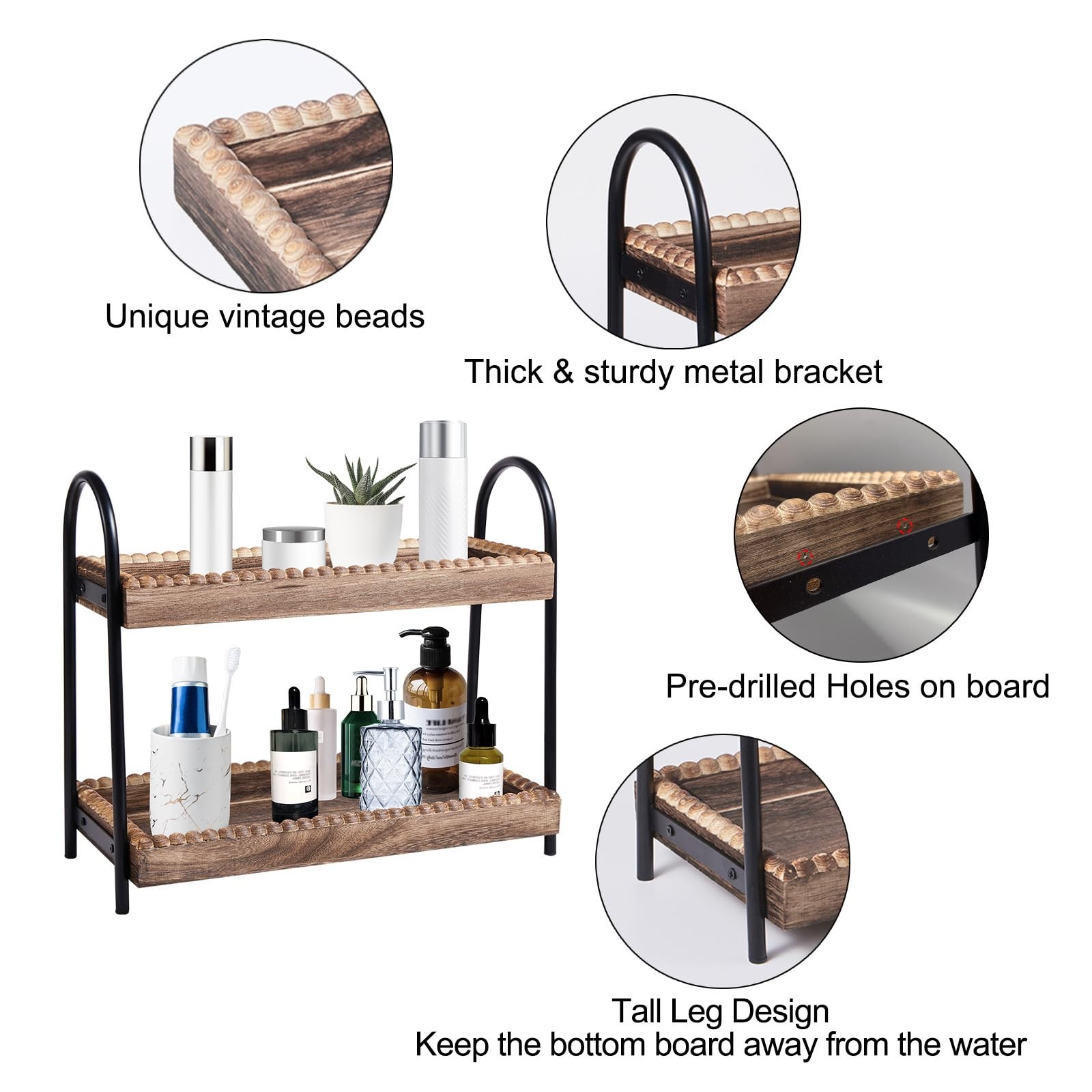 BDBDYEAY 2-Tier Wood Bathroom Countertop Organizer Vanity Storage Farmhouse