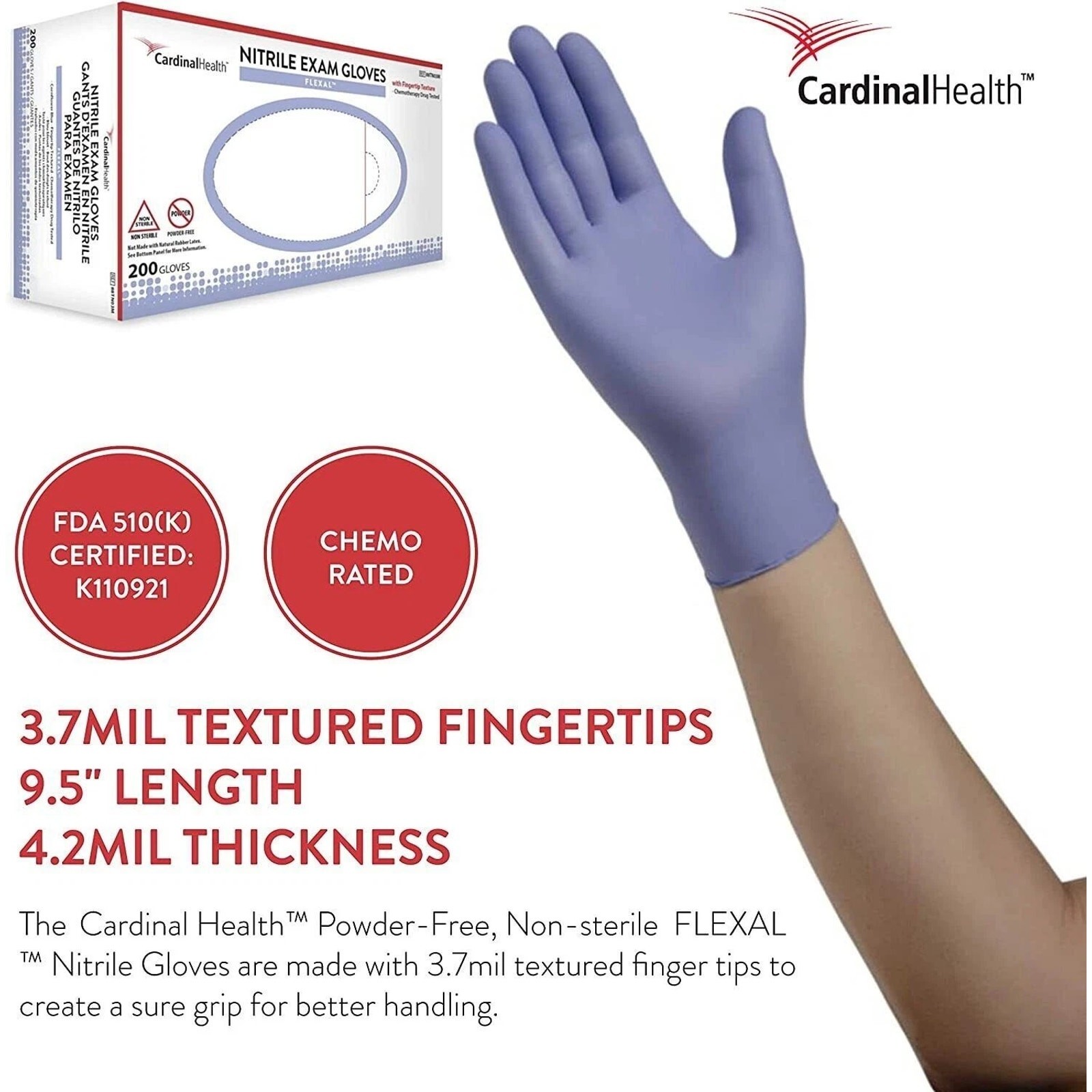 Disposable Nitrile Gloves, L, Non‑Sterile, Powder‑Free, Latex‑Free, 1 Box of 200