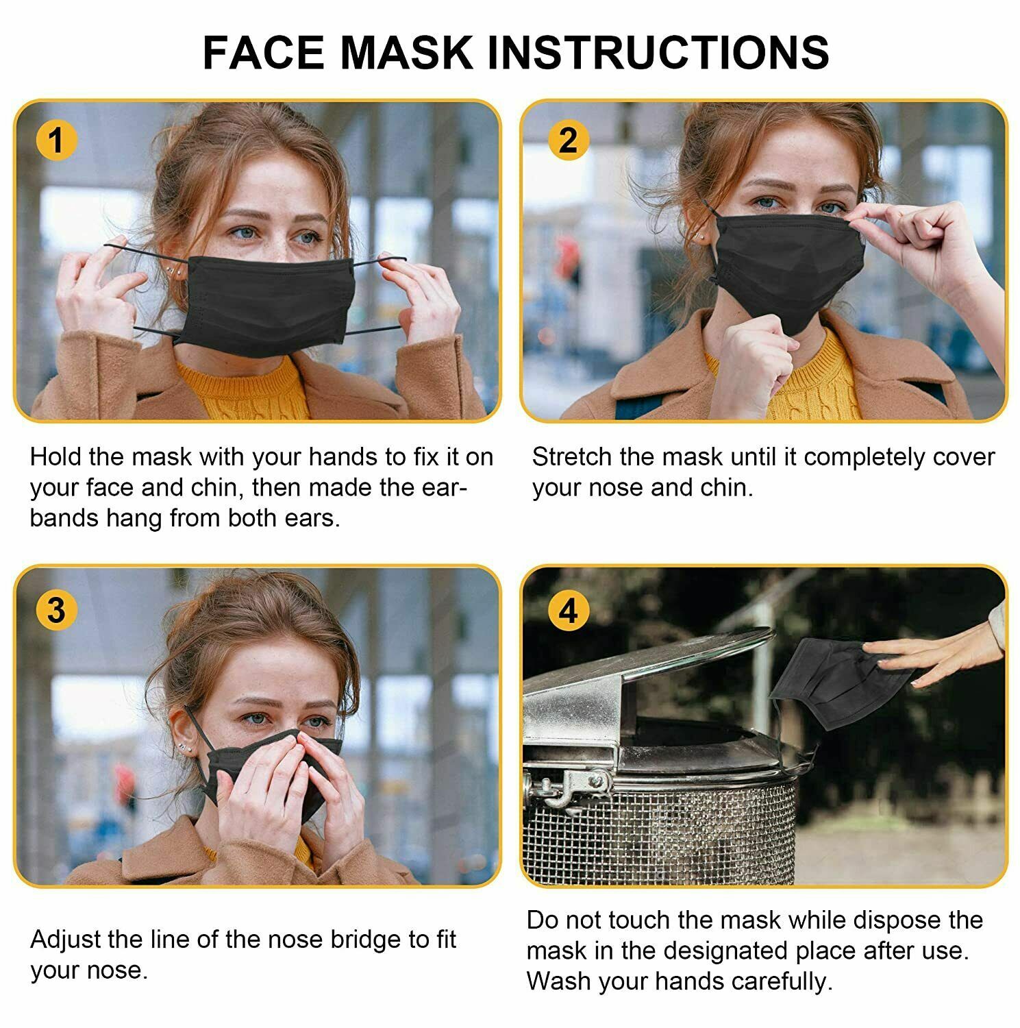 50 PCS Black Face Mask Mouth & Nose Protector Respirator Disposable Masks Black