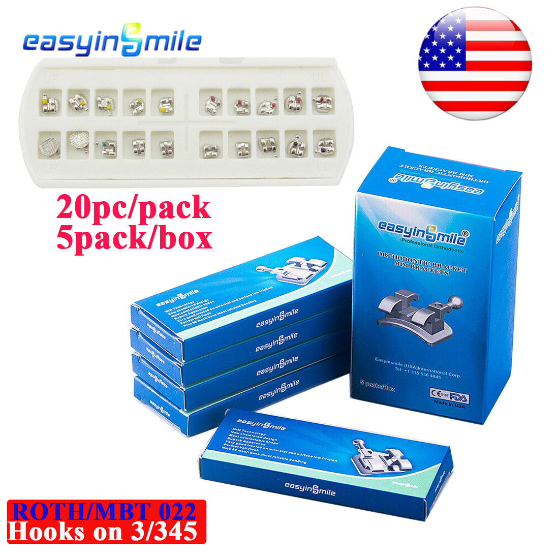 5pack Dental metal brackets roth/MBT orthodontic Mini braces slot.022 hook on345