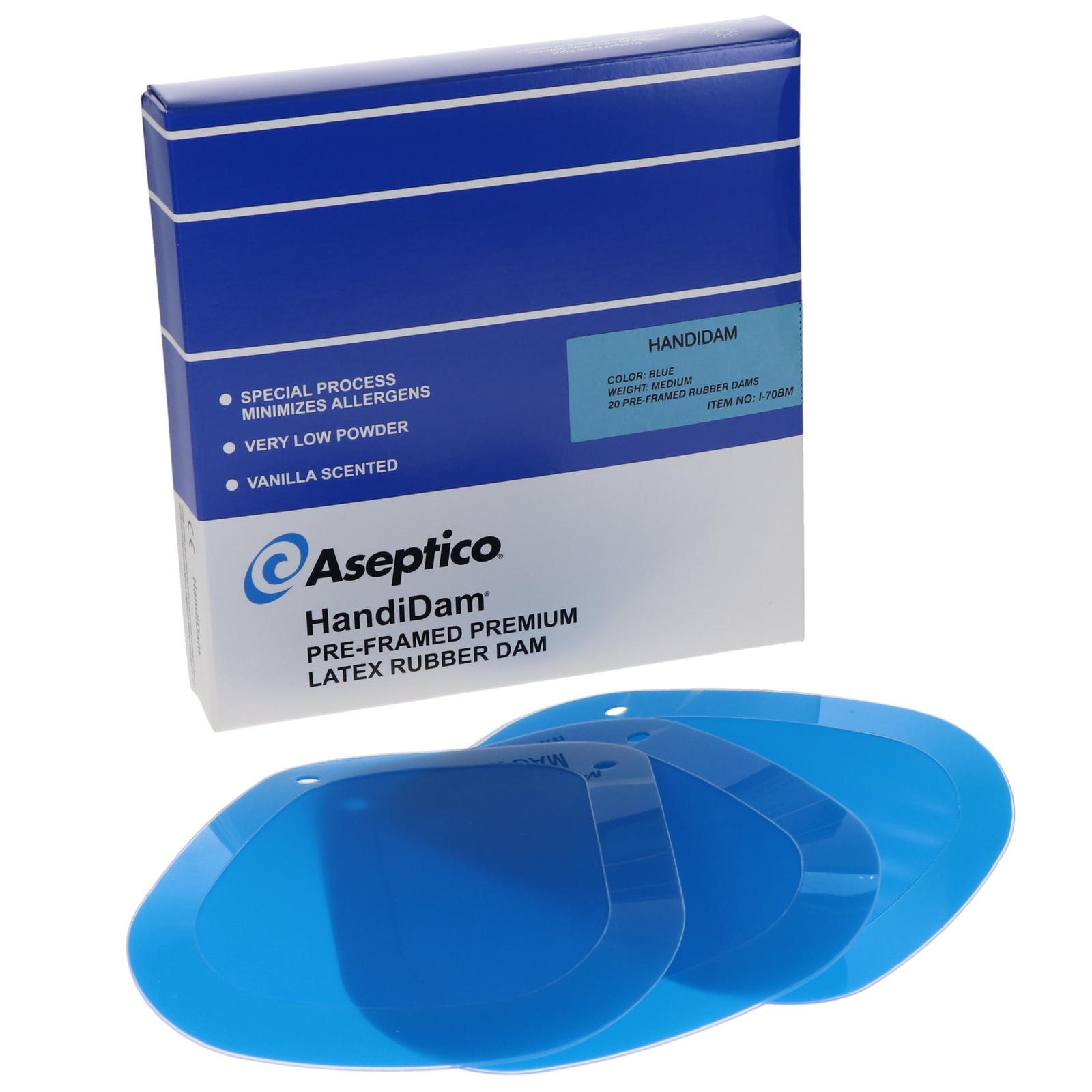 Aseptico I-70BM-100 Handidam Pre-Framed Latex Rubber Dams Blue Medium 100/Pk