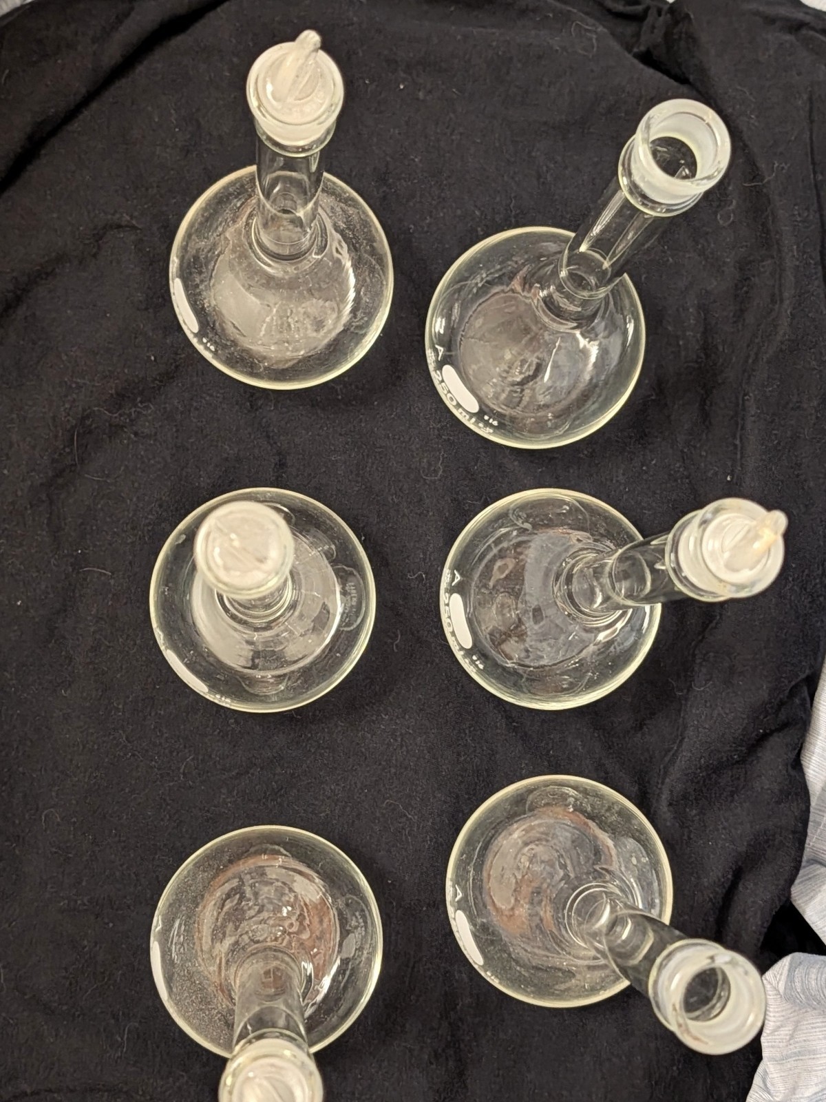 (6) Pyrex 250mL Vol Glass Lab Flask with Class A Glass Stoppers- Corning Work