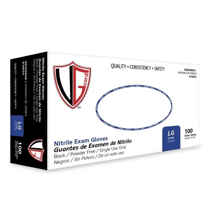 VGuard Black Nitrile Disposable Gloves Powder Latex Free 5 & 7 Mil 100 Count Box