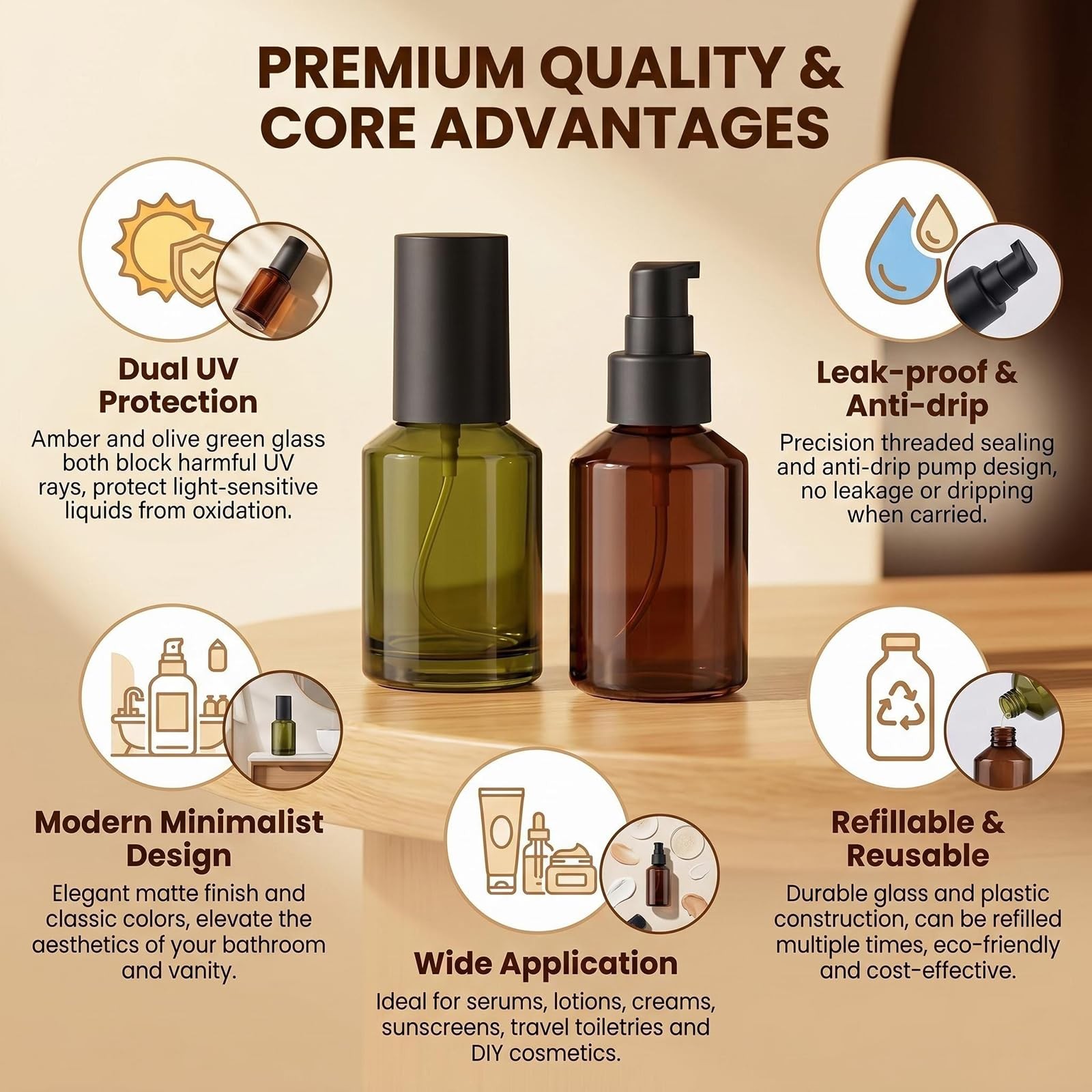 2Pcs 60ml/2oz Empty Refillable Glass Lotion Pump Bottle 60ml/2oz, Amber+Green