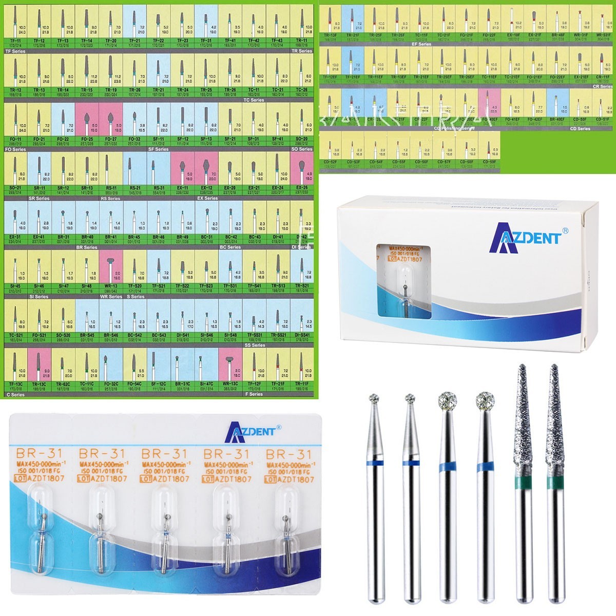 100Types AZDENT Dental FG Diamond Burs Drills Polisher for High Speed Handpiece