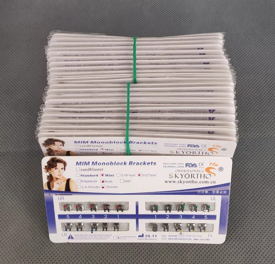Dental Orthodontic Metal Bracket MIM Monoblock Mini Roth 022 3 Hooks Mesh Base