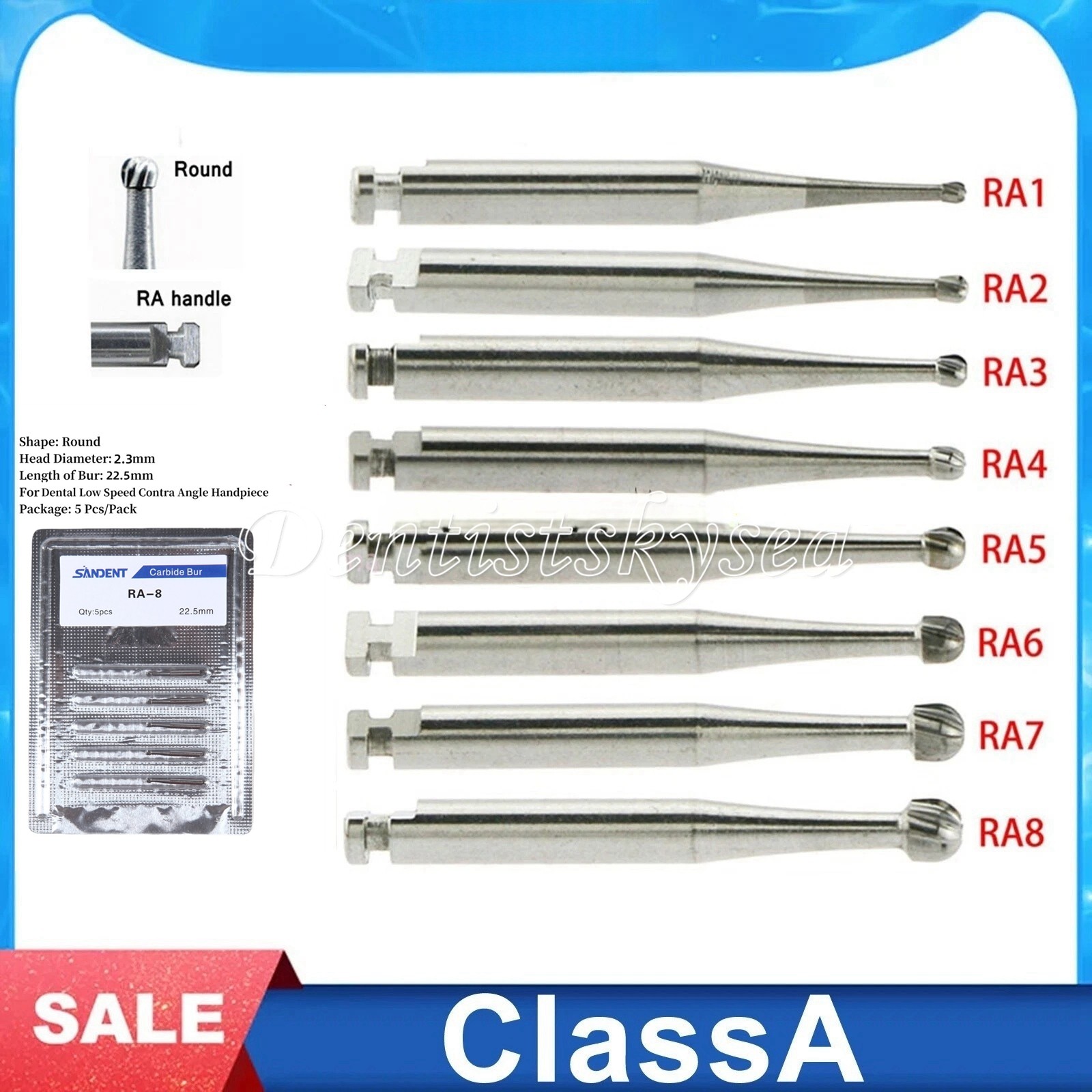 RA1-8 Dental lab Clinic Low Speed RA Round Carbide Burs for Slow Speed Latch BLR