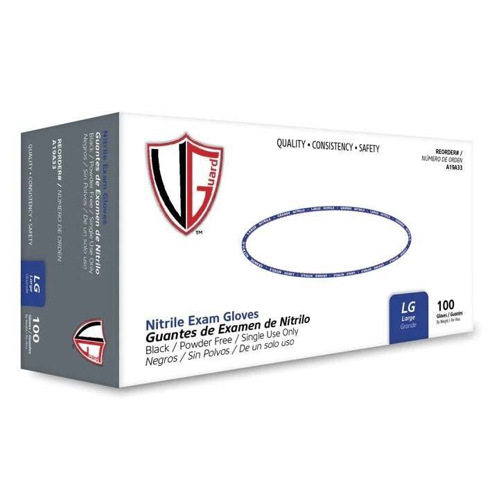 VGuard Black Nitrile Disposable Gloves Powder Latex Free 5 & 7 Mil 100 Count Box