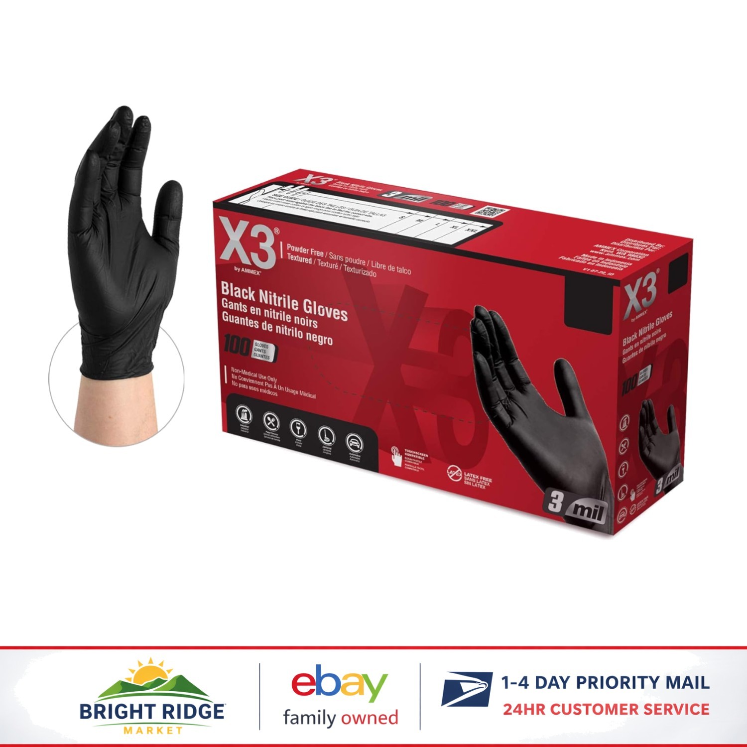 Ambidextrous Nitrile Gloves, Black, 3 Mil, 100 Count for Cleaning and Cooking