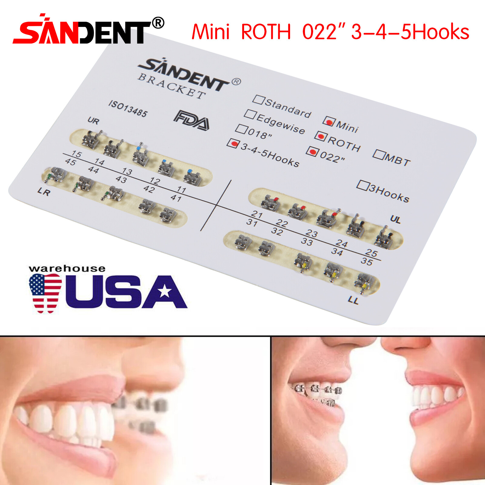 10 Packs Dental Orthodontic Braces Brackets Mini Roth 022″Slot w/ 3 4 5 Hooks