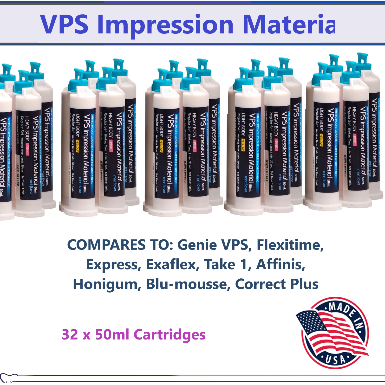 Dental Impression Material, VPS Heavy Body, Regular Set, 32 x 50ml Cartidges USA