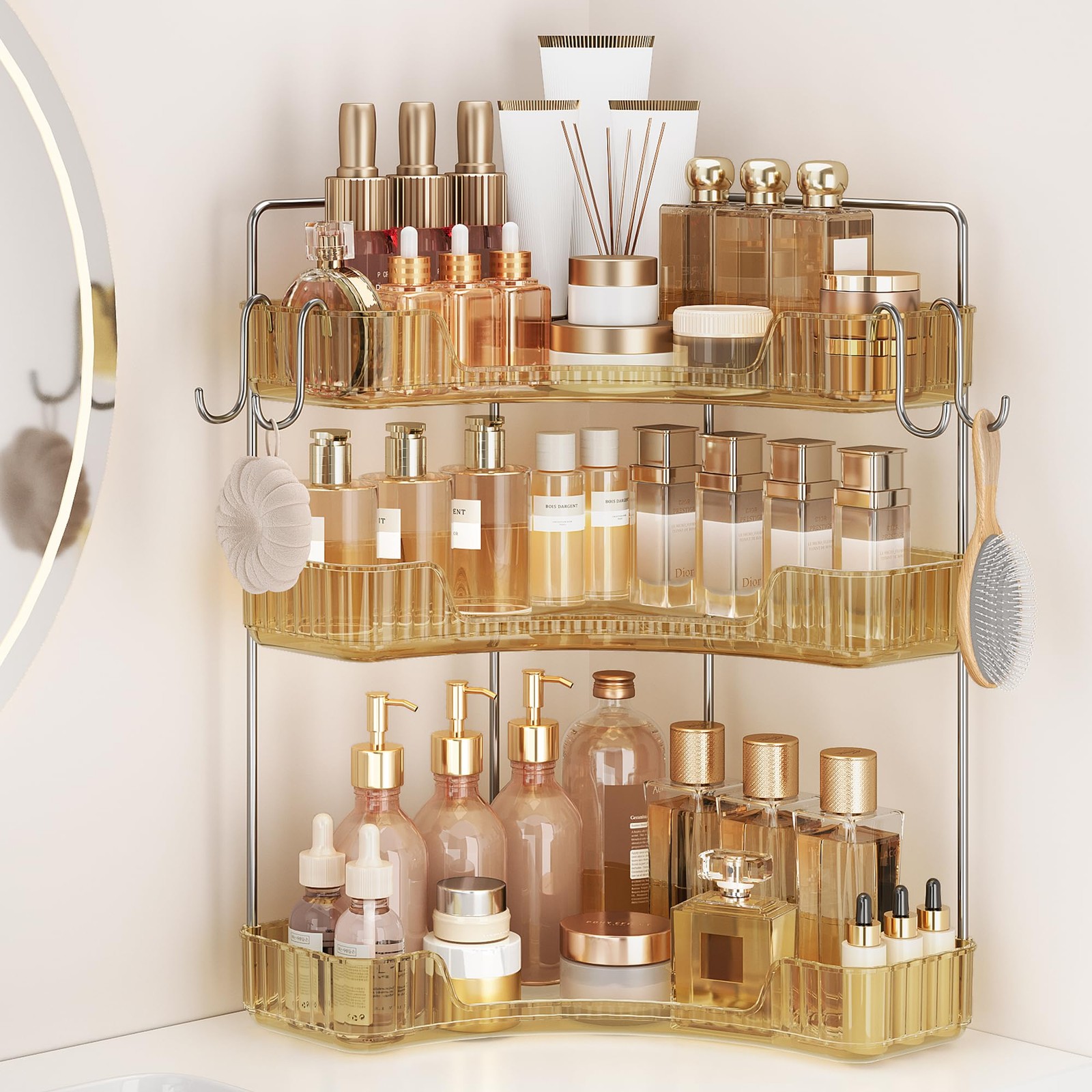 Kinkota Golden 3-Tier Corner Bathroom Organizer Countertop Storage Shelf Hooks M